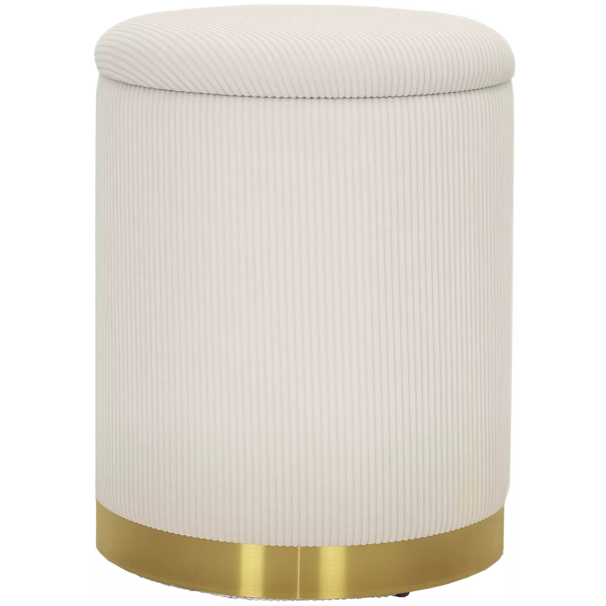 Sėdima taburetė su daiktadėže, sulankstomas pufas su dangčiu, plieniniu pagrindu, apvali taburetė 36 x 36 x 44 cm krembalta