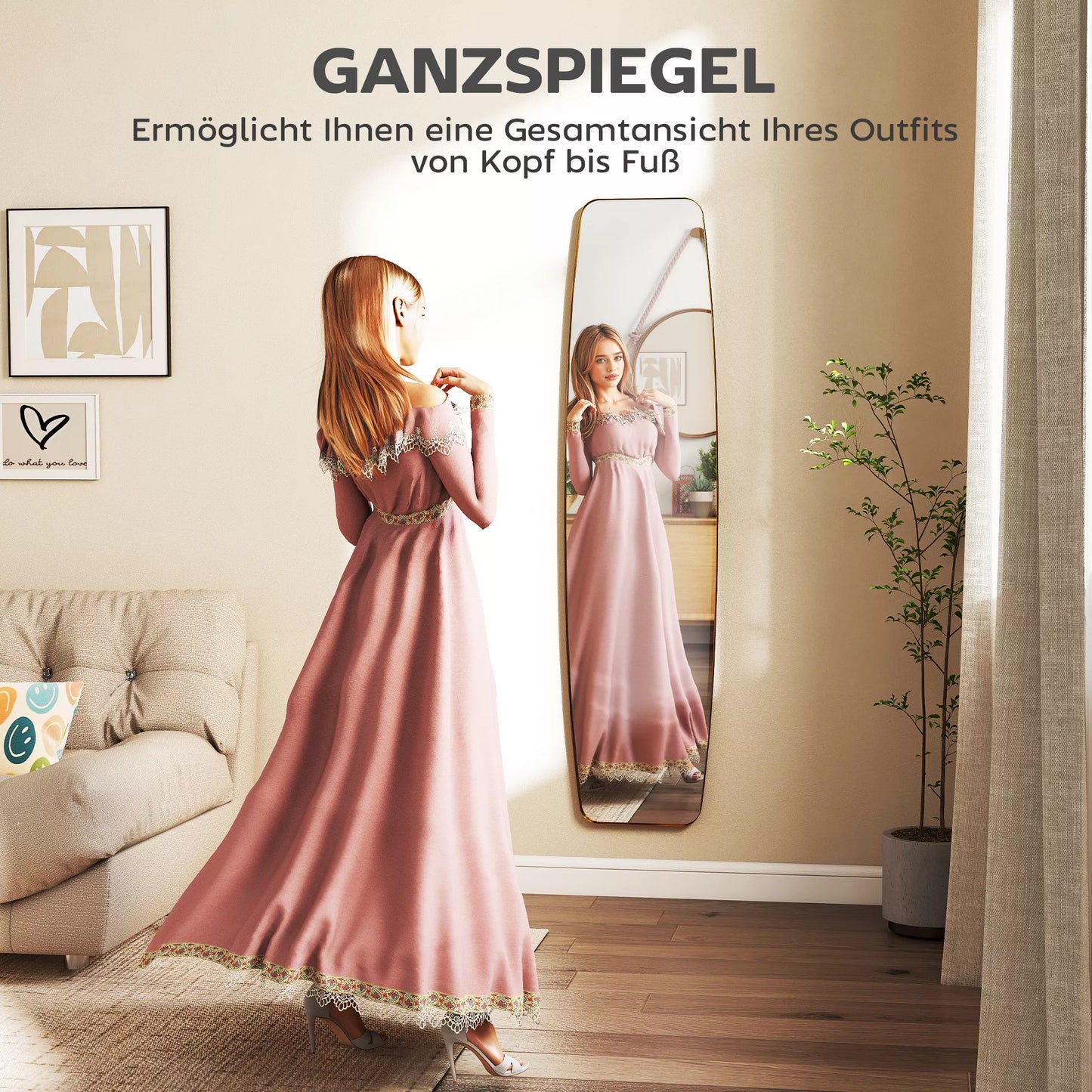 Pakabinamas veidrodis svetainei ir prieškambariui, veidrodis su metaliniu rėmu, 160x40x3 cm, auksinė