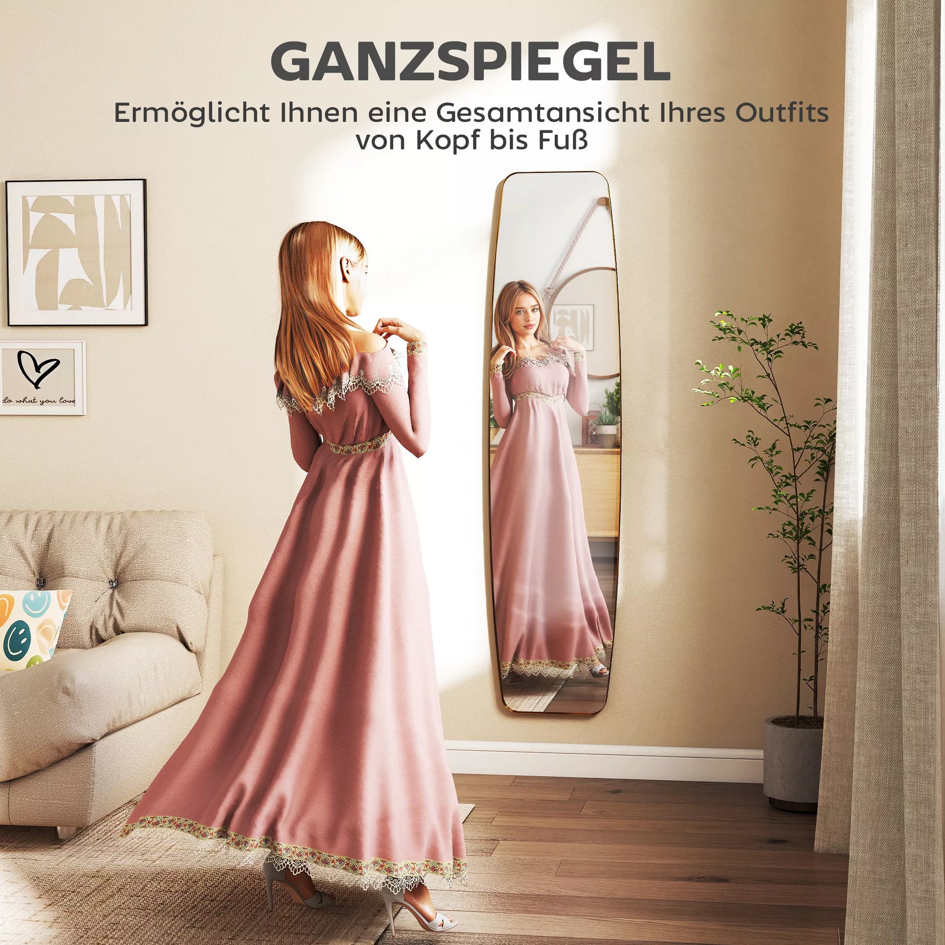 Pakabinamas veidrodis svetainei ir prieškambariui, veidrodis su metaliniu rėmu, 160x40x3 cm, auksinė