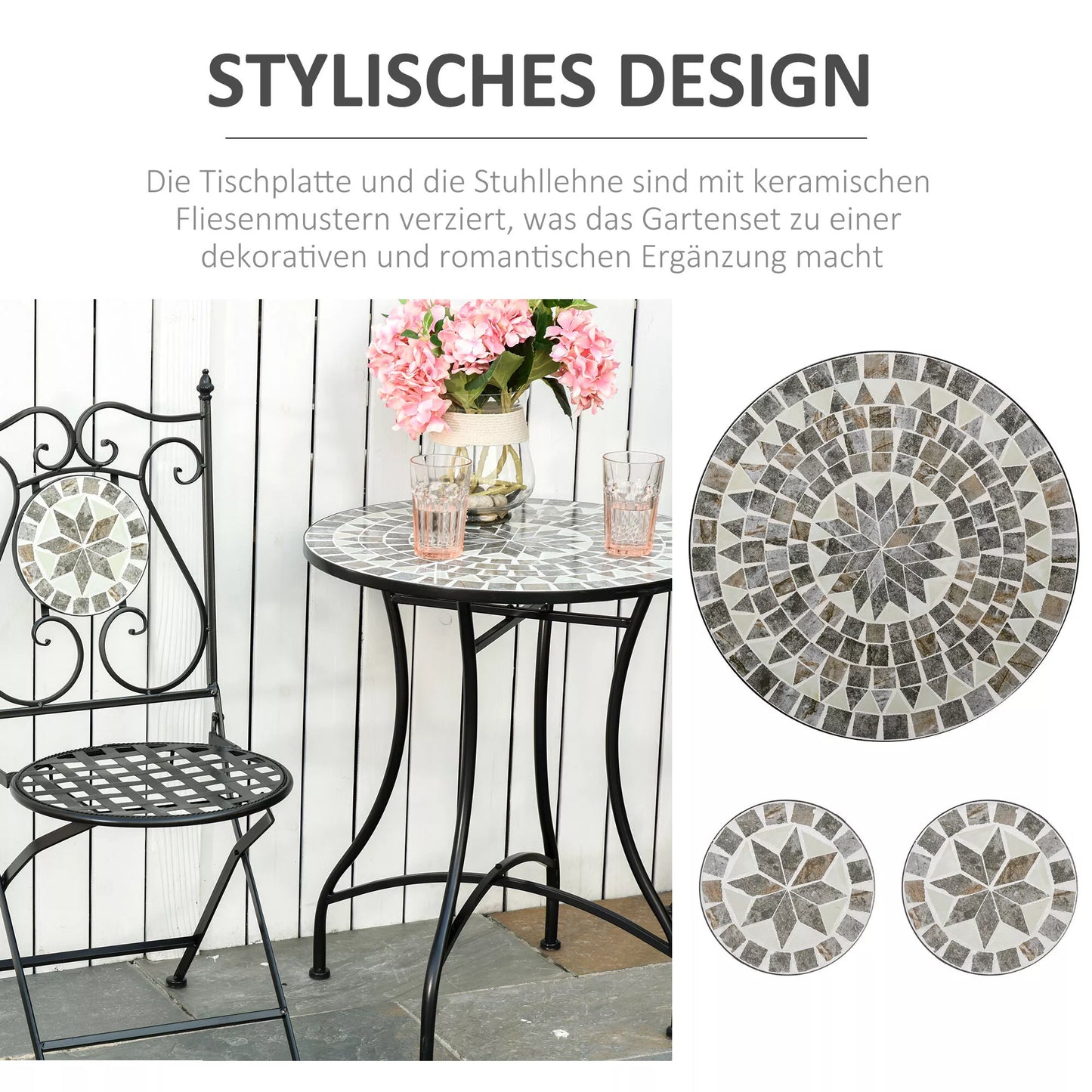 Sodo baldų komplektas 2 asmenims Balkono baldų komplektas Mozaikinis staliukas + sulankstomos kėdės Metalas Keraminės plytelės Daugiaspalvis