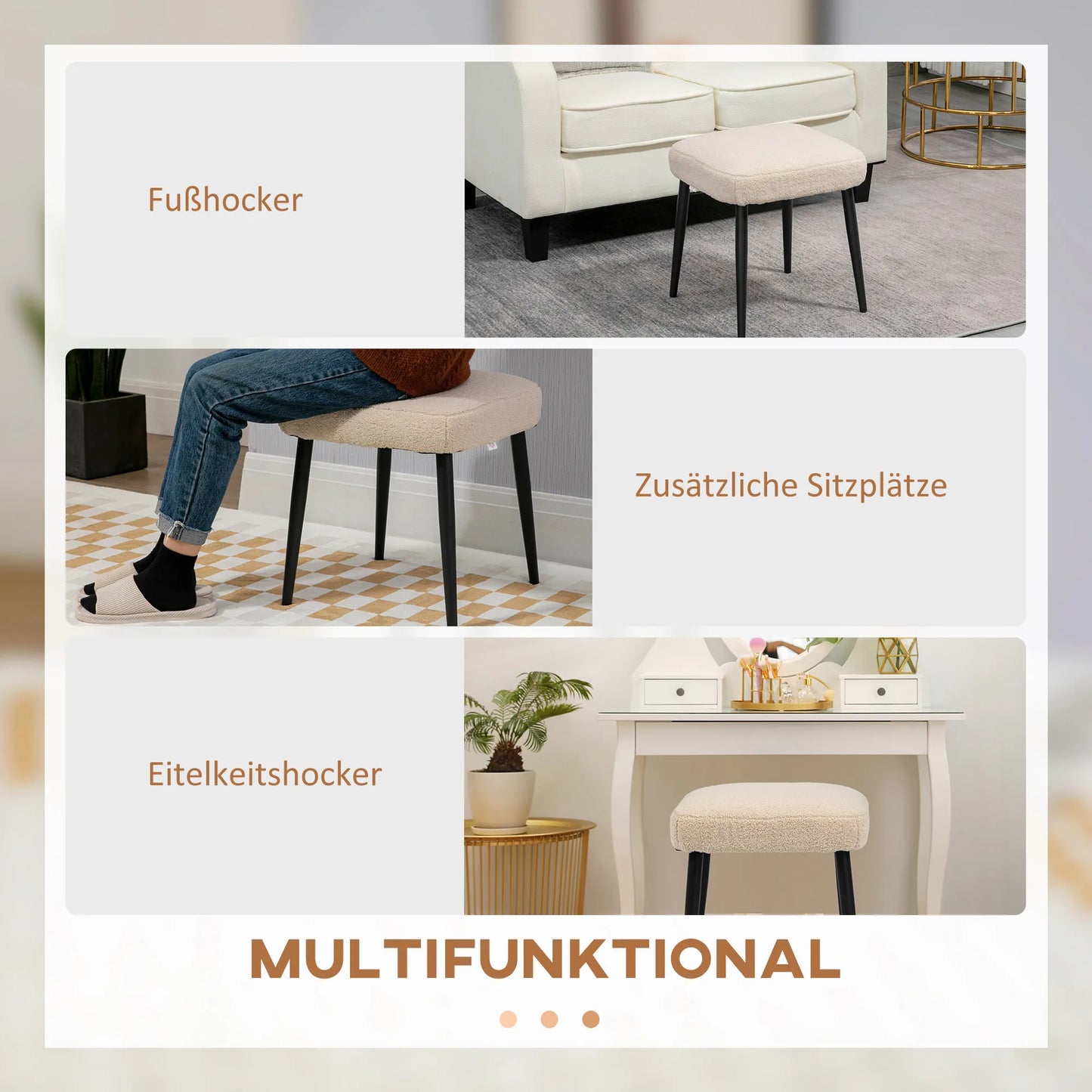 Taburetė, pufas, Teddy audinys, minkštas pufas, smėlio spalvos