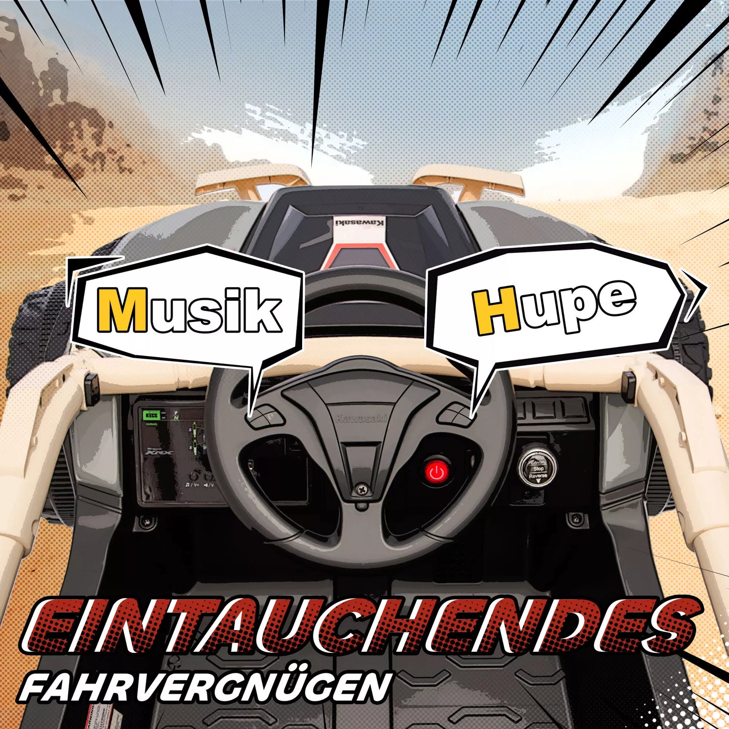 12V elektrinis visureigis vaikams su nuotolinio valdymo pultu, LED žibintais, muzika, garsiniu signalu, skirtas 3-8 metų vaikams, geltonos spalvos