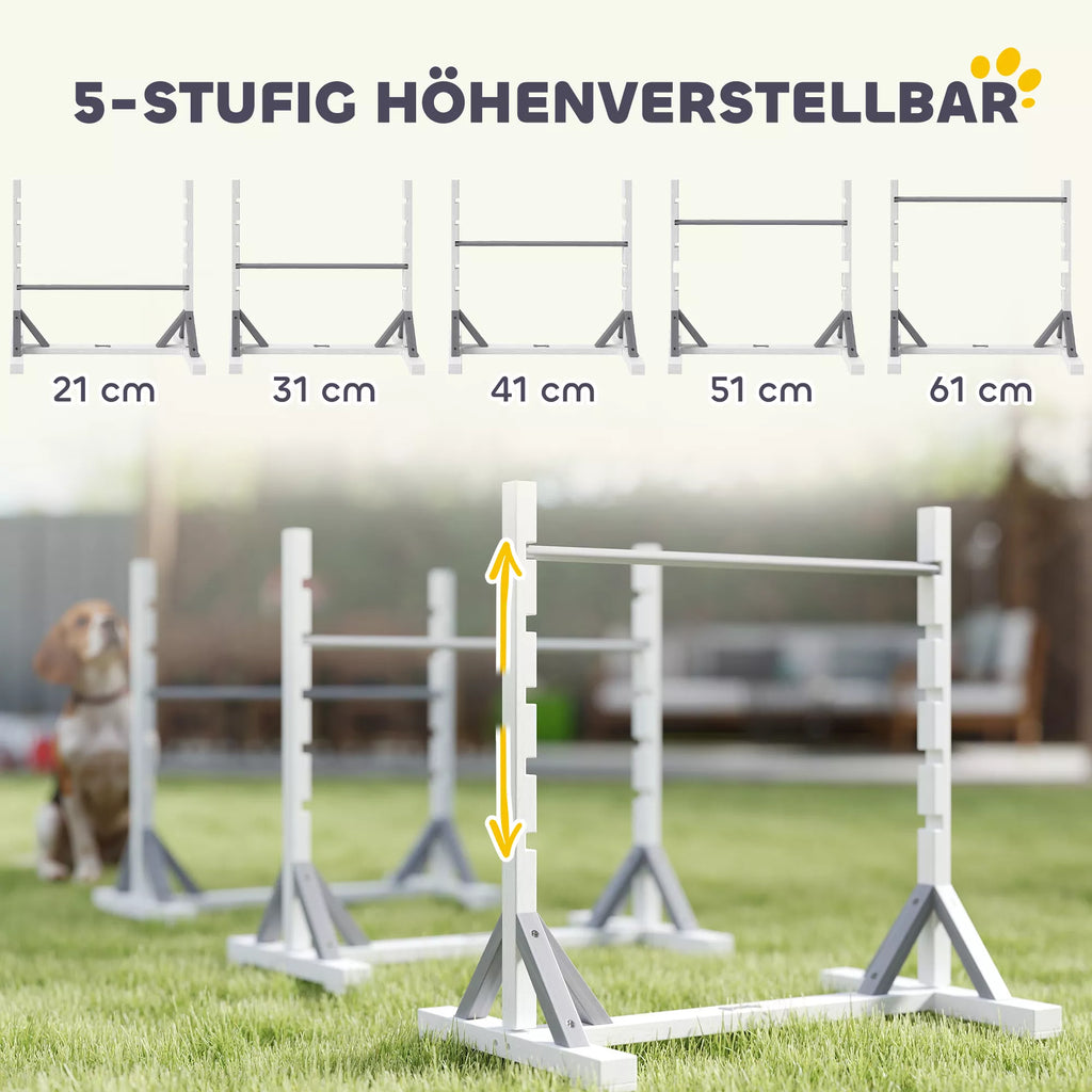 Agility rinkinys šunims, 4 dalių dresūros įranga su aukščio reguliuojamomis kliūtimis ir lanku, baltas