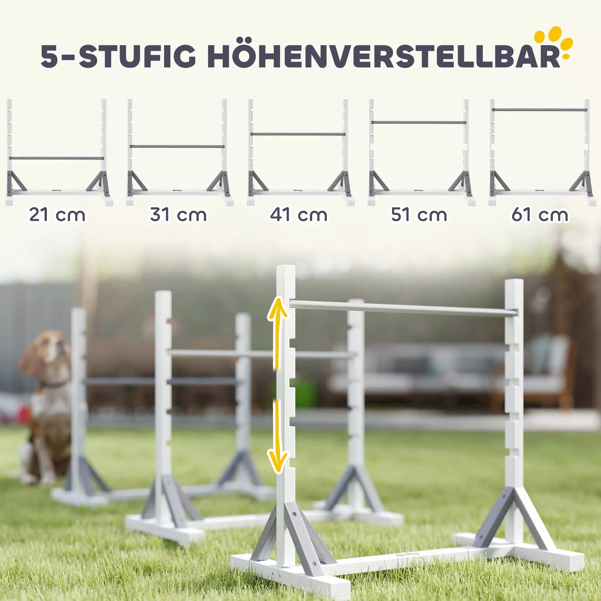 Agility rinkinys šunims, 4 dalių dresūros įranga su aukščio reguliuojamomis kliūtimis ir lanku, baltas
