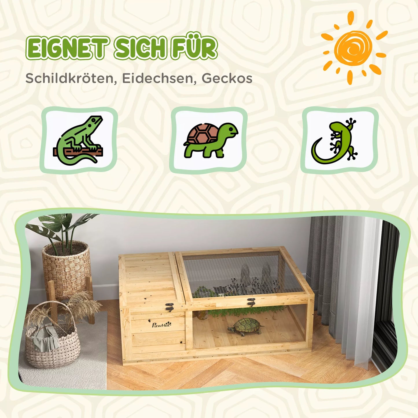 Medinis vėžlių namelis, vėžlių voljeras su pagrindiniais nameliais, atidaromas viršus, 91 x 60,5 x 32 cm, geltonas