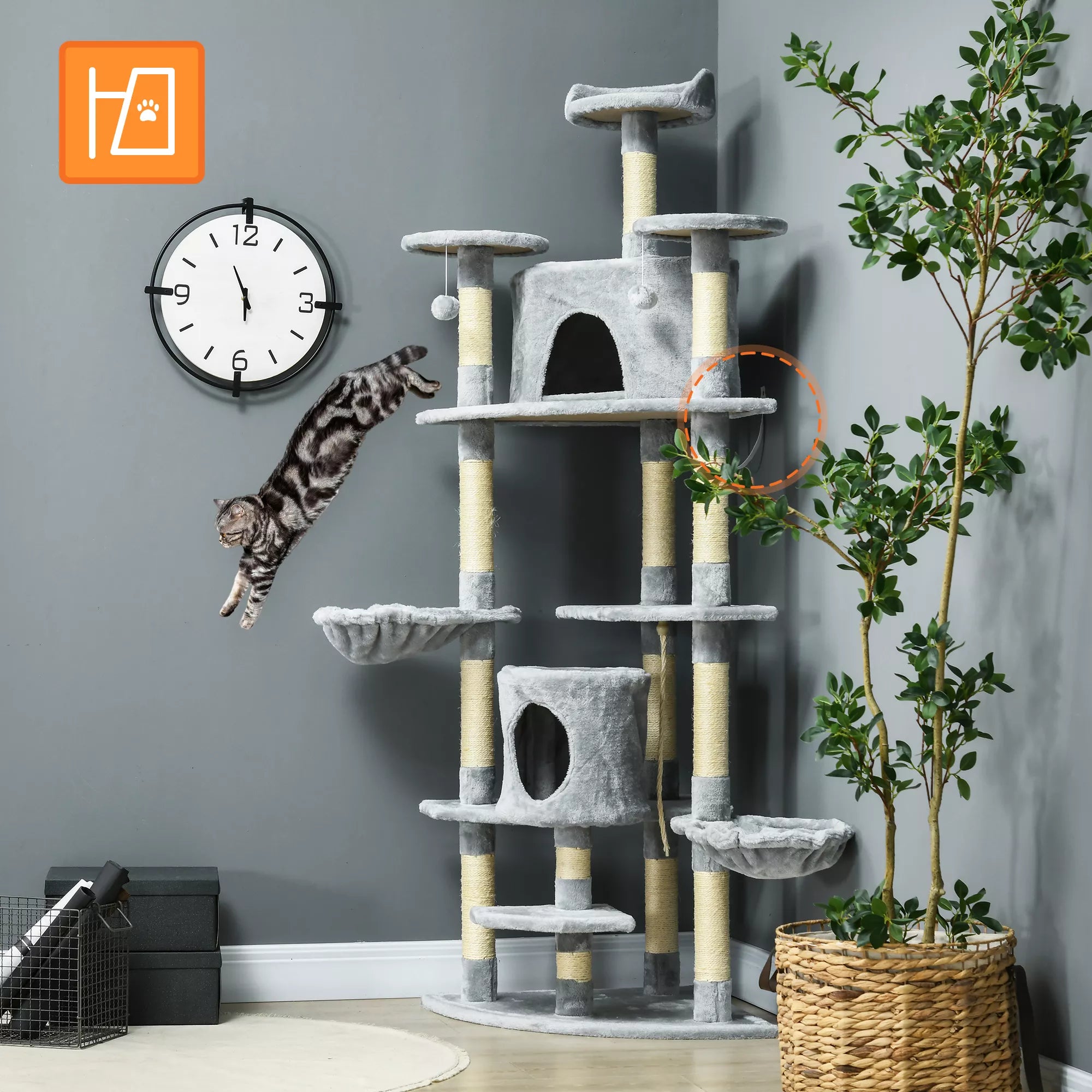 Kratas su 2 hamakais ir 2 kačių urvais, įskaitant žaislus Pliušinis sizalio virvė Šviesiai pilka