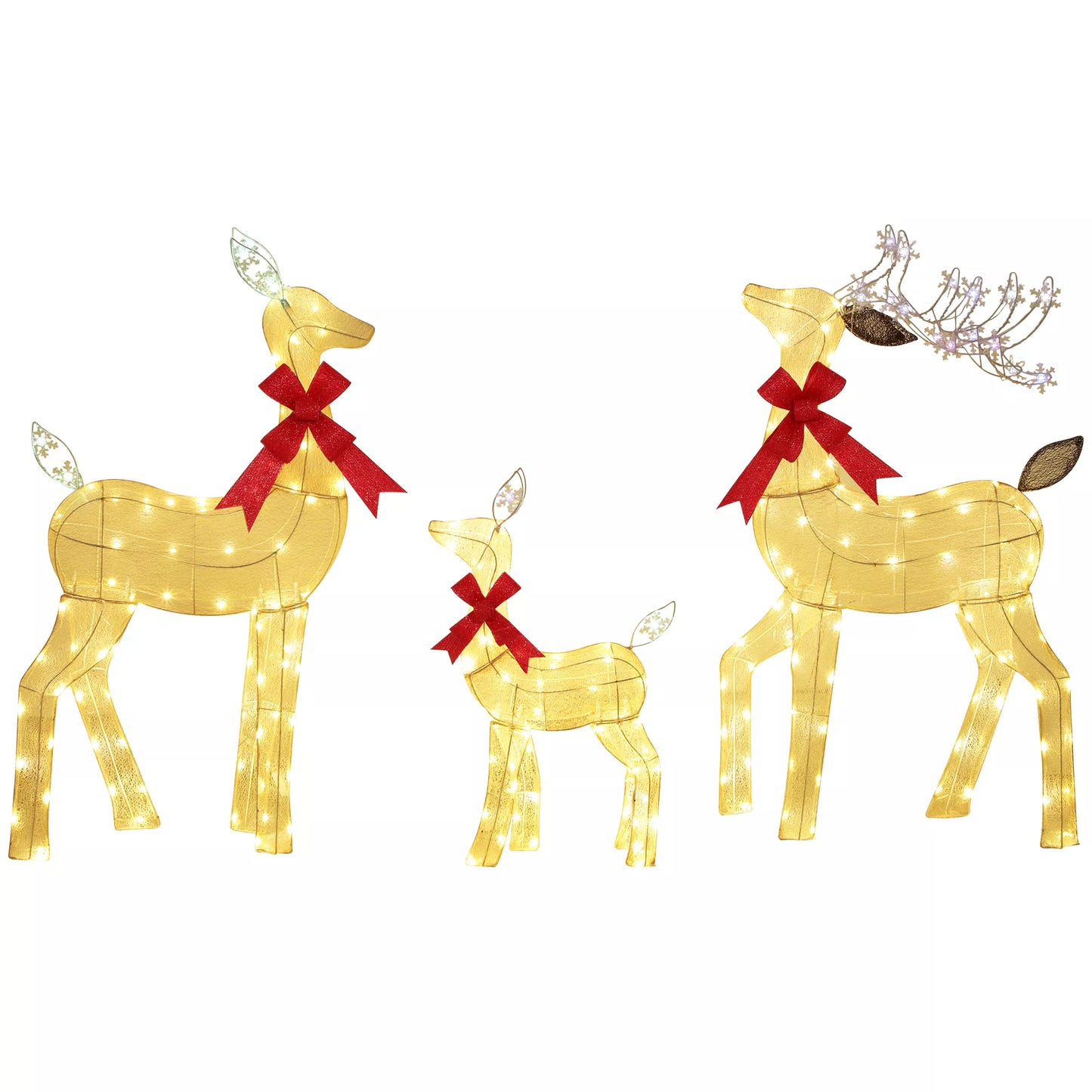 3 dalių Kalėdinė dekoracija, briedžių šeima su LED apšvietimu, raudona kaspinėlis, plienas, poliesteris, atsparus vandeniui