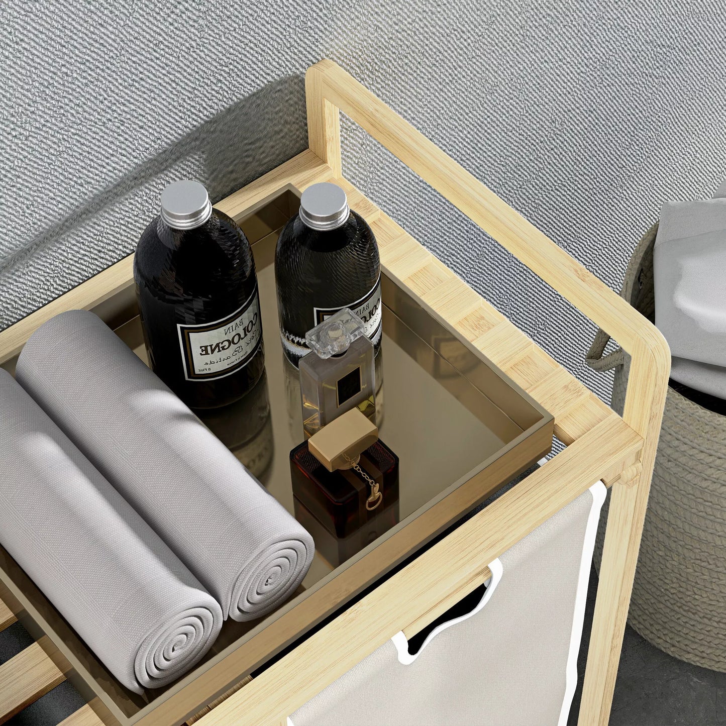 Skalbinių krepšys su 2 skalbinių maišais, 1 lentyna, bambukas, 63,5 cm x 33 cm x 73 cm, šviesiai pilka + natūrali