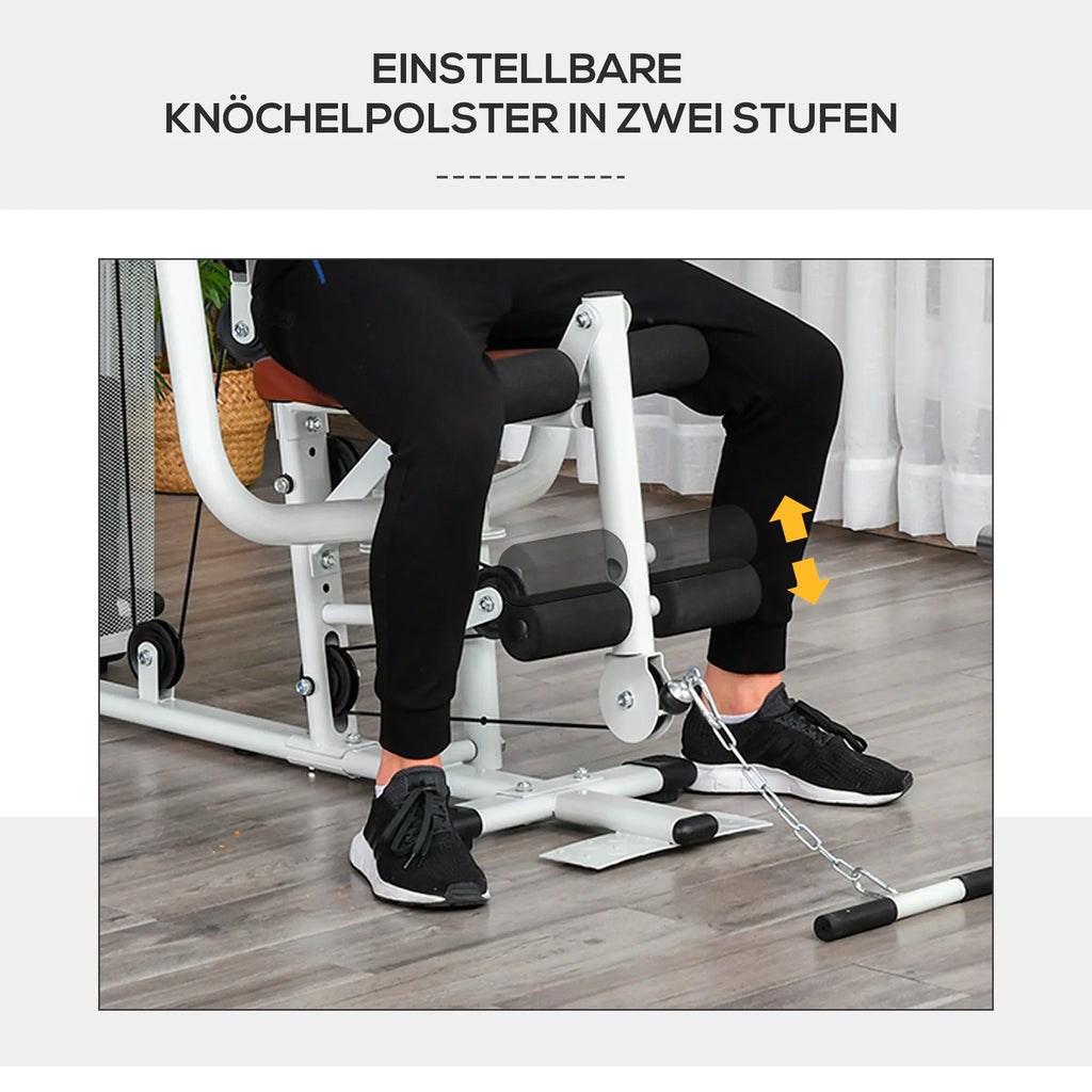 Sporto salės treniruoklis, daugiafunkcinis treniruoklis, jėgos stotis su svoriais, viršutinio traukimo ir kojų lenkimo funkcijos, metalas, PU dirbtinė oda, baltos spalvos, 150 x 110 x 210 cm