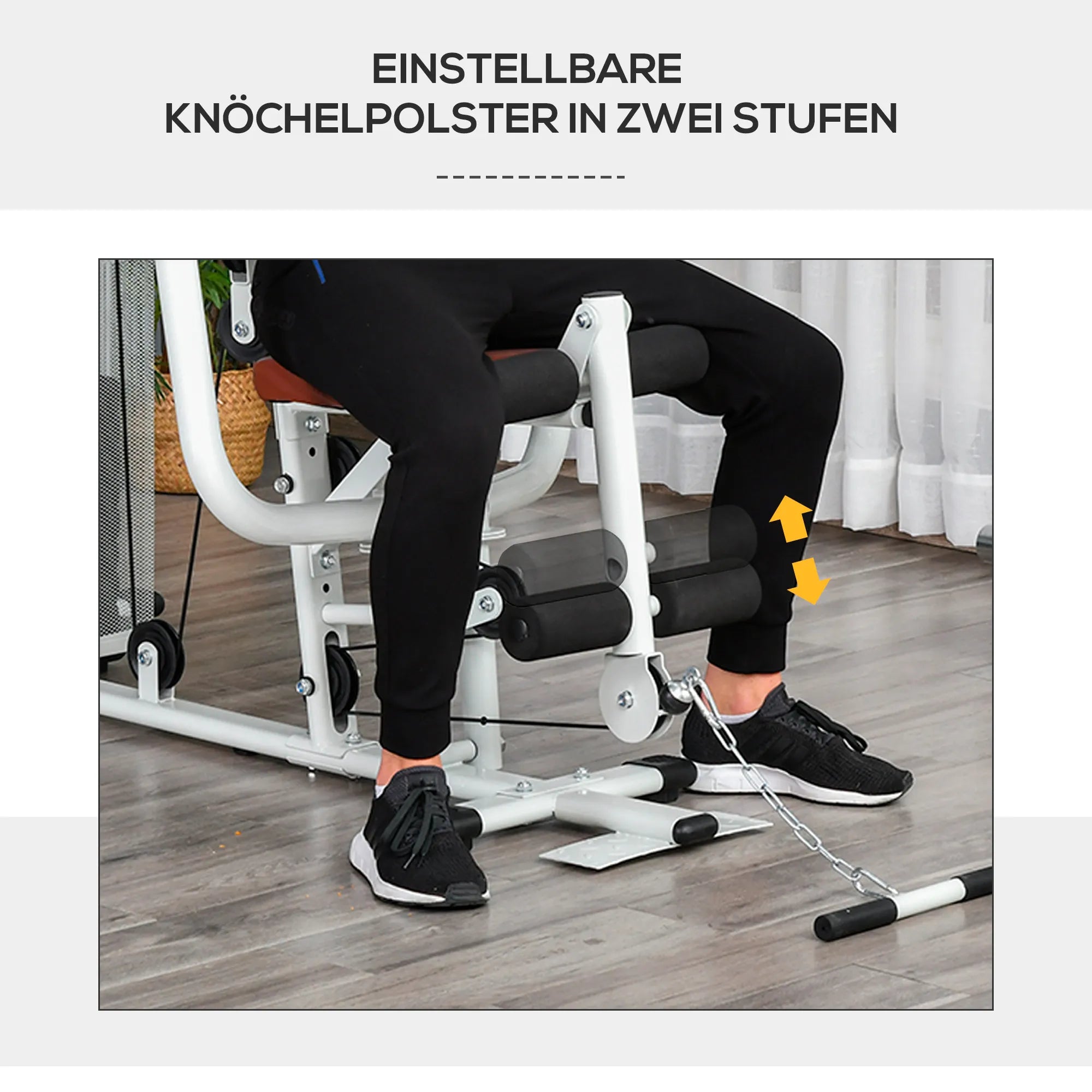 Sporto salės treniruoklis, daugiafunkcinis treniruoklis, jėgos stotis su svoriais, viršutinio traukimo ir kojų lenkimo funkcijos, metalas, PU dirbtinė oda, baltos spalvos, 150 x 110 x 210 cm