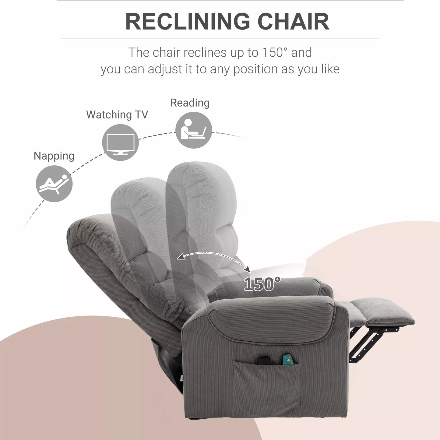 HOMCOM Elektrinis fotelis su pagalba atsistojant, masažinis fotelis su gulėjimo ir šildymo funkcijomis, poilsio fotelis su nuotolinio valdymo pulteliu ir šonine kišene, reguliuojamas, poliesterio audinys, tamsiai pilkos spalvos