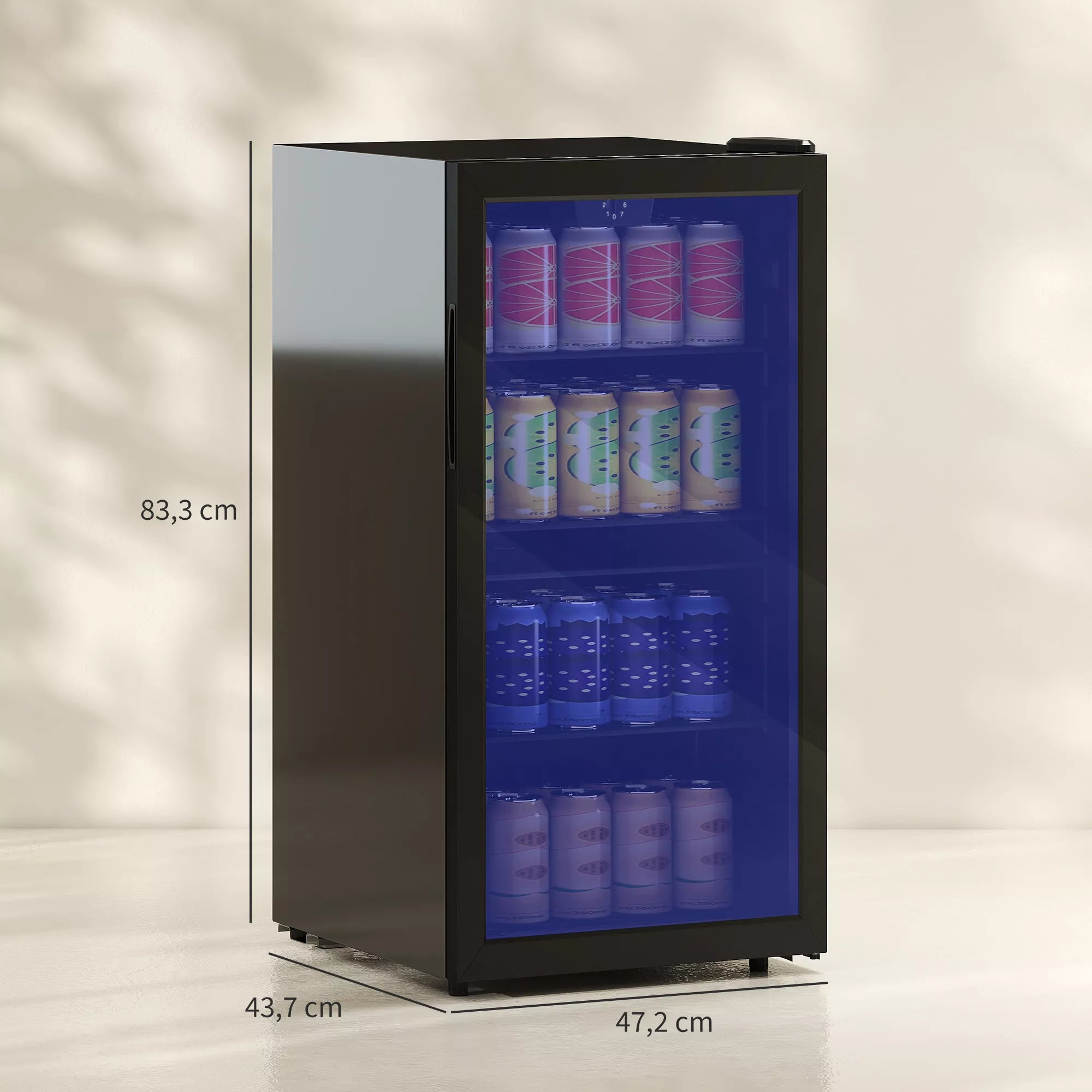Mini šaldytuvas 93 l su stiklinėmis durimis, reguliuojamomis lentynomis, LED apšvietimu, temperatūros reguliatoriumi, 47,2 x 43,7 x 83,3 cm, juodos spalvos