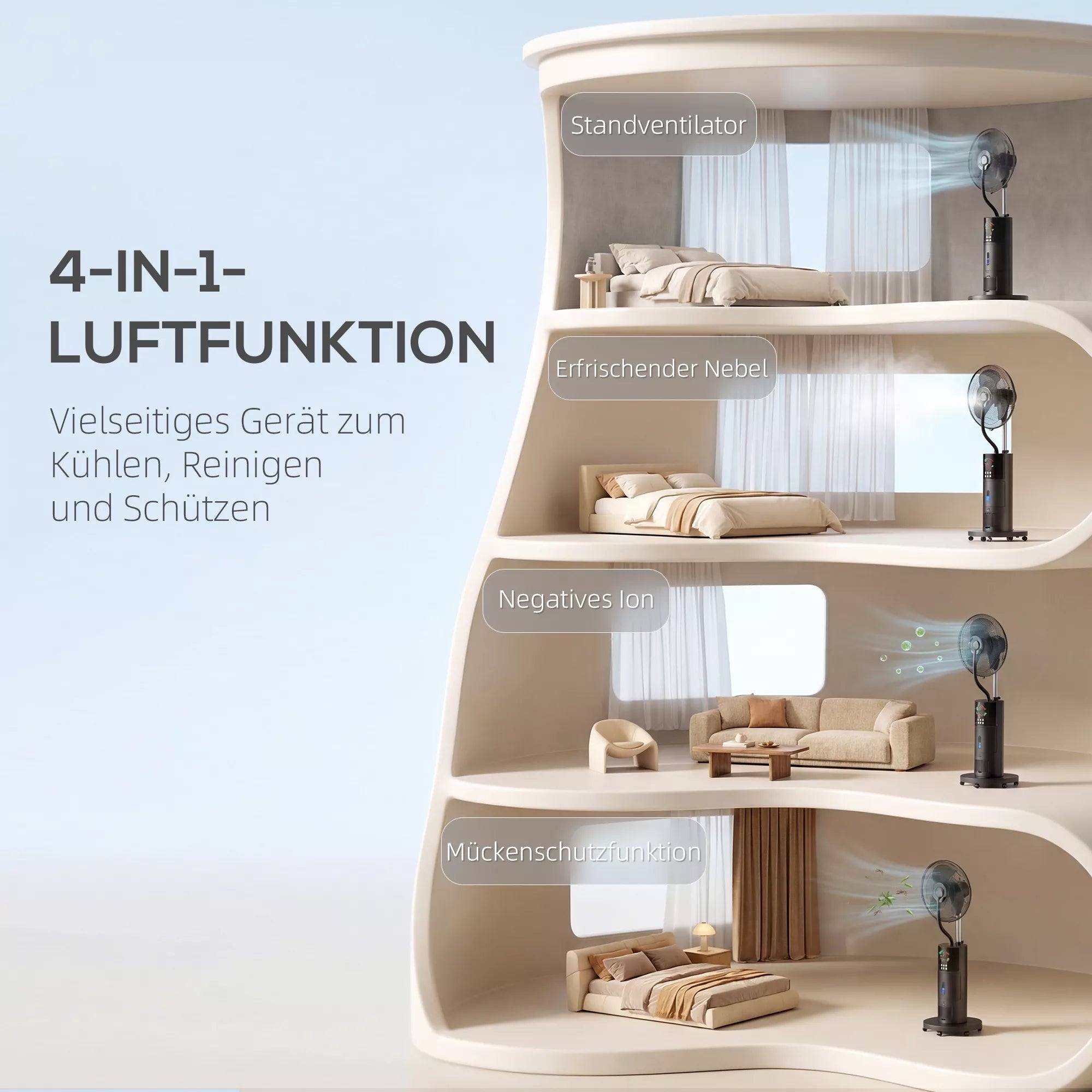 4-in-1 stovas ventiliatorius su vandens rūko funkcija, oro valytuvu, apsauga nuo uodų, 9 valandų laikmačiu, 3 režimais ir nuotolinio valdymo pultu, juodos spalvos