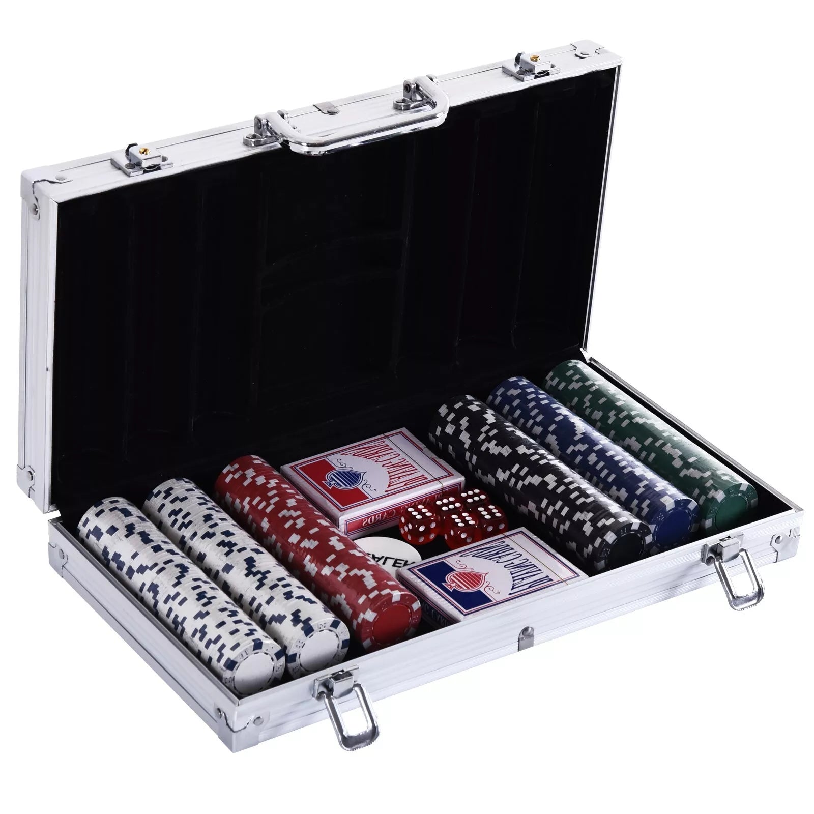 Uždaromas pokerio lagaminas Pokerio rinkinys su lagaminu 300 žetonų 5 kauliukai 2 kortų kaladės Priedai, pokerio žetonai Komplektas Pokerio žaidimas Kortų žaidimai Aliuminio lagaminas Texas Hold'em, Blackjack