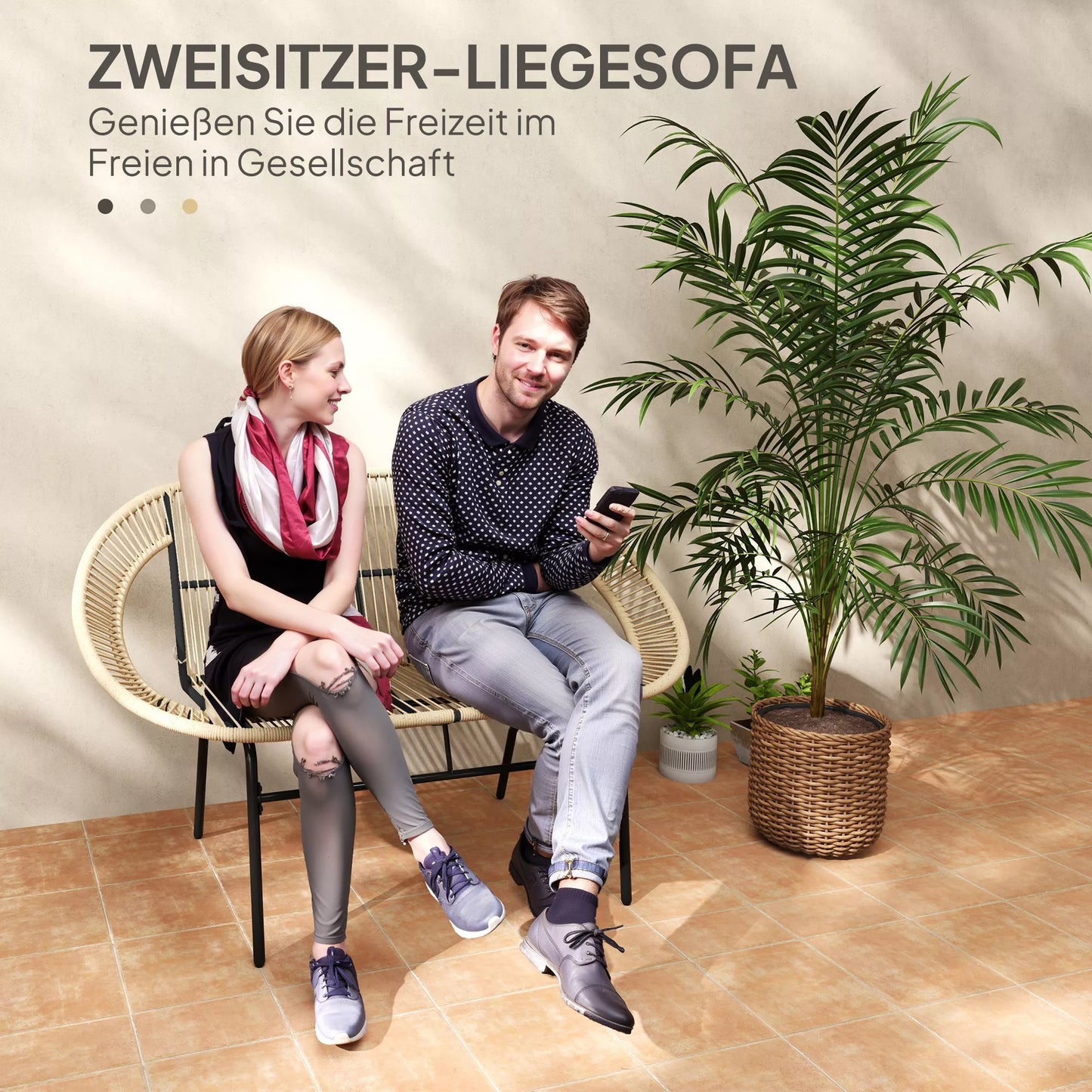 2 vietų sodo suolas Poliratano, atsparus oro sąlygoms Sėdimoji dalis ratano pynimo dizaino, atsparus UV spinduliams 260kg apkrova Chaki