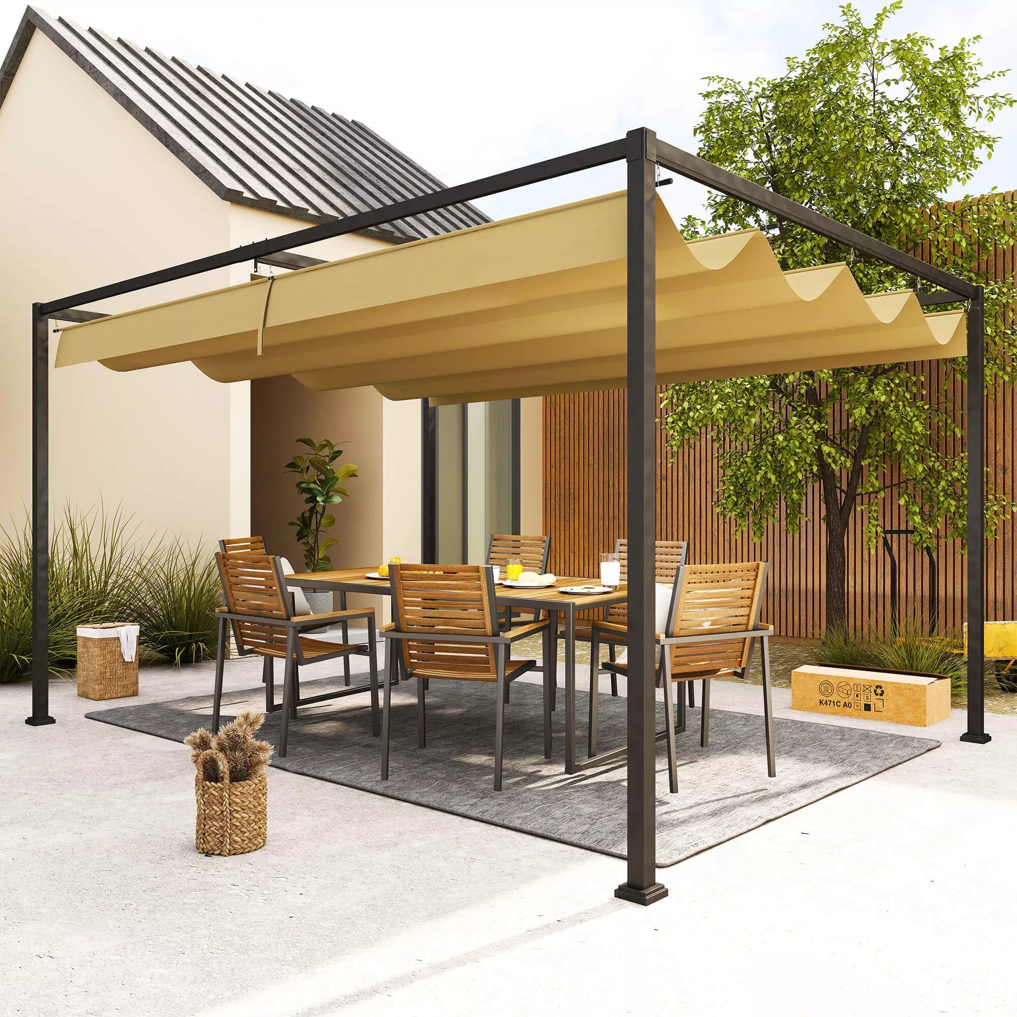 Pergola, tvirta saulės apsauga sodui, balkonui, terasai, pagaminta iš metalo ir plastiko, atspari UV spinduliams ir vandeniui, chaki spalvos