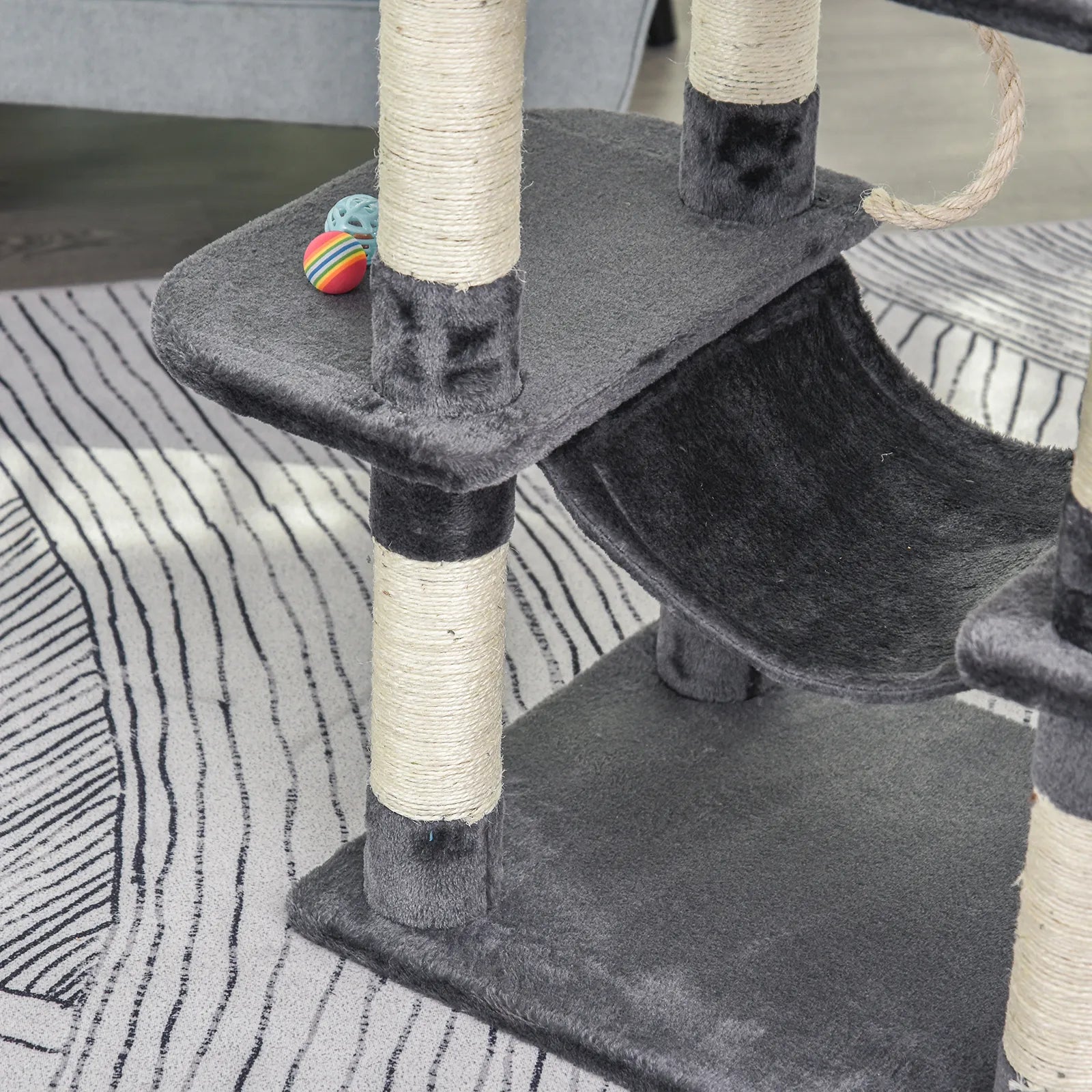 Prabangus katės medis su hamaku ir nameliu, tamsiai pilkas, 60 x 48 x 144 cm