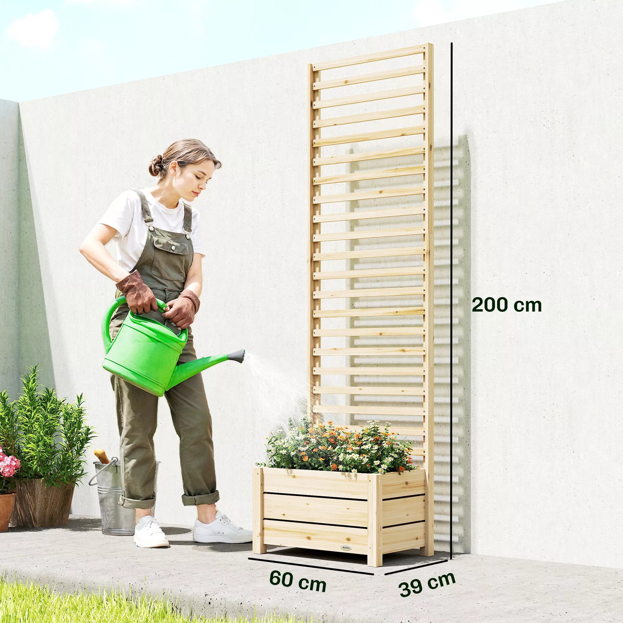 Aukštas gėlių vazonas su grotelėmis Medinis pakeltas gėlių vazonas su grotelėmis Drenažo anga Neaustinė medžiaga 60 x 39 x 200 cm Natūralus medis