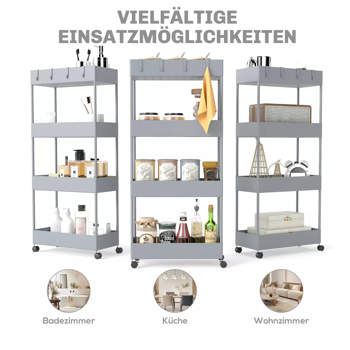 Virtuvės vežimėlis su 4 lentynomis, 4 lanksčiais kabliukais, 4 ratukais, 40 cm x 19 cm x 90 cm, siaurojo tarpo vežimėlis, pilkas