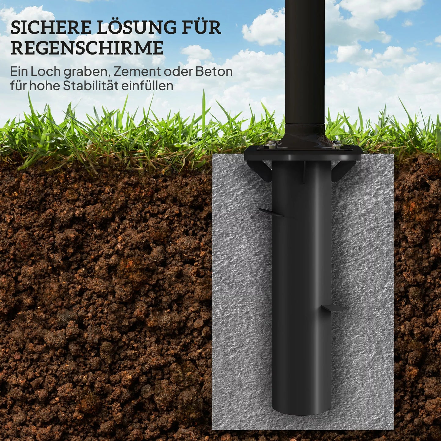 Skėčio stovas, pagrindas skėčiui, tvirtinimas prie žemės, fiksuotas montavimas, metalas, tamsiai pilkas