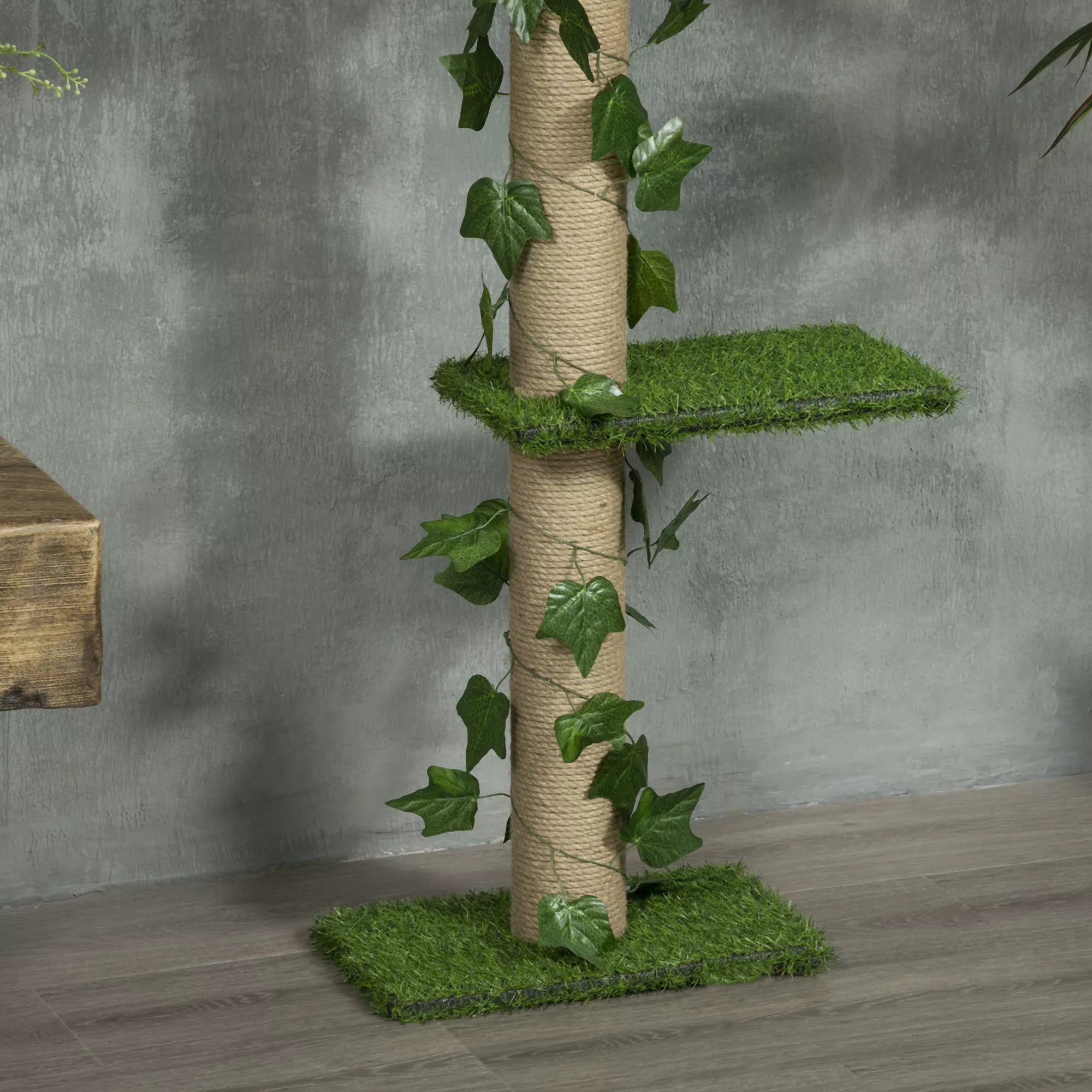 Kratzbaum aukštis reguliuojamas 202-242 cm, neslidus, džiuto virvės stulpeliai, medžio drožlių plokštė, žalia/geltona