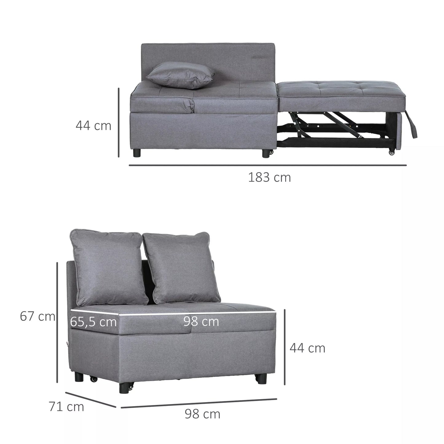 Miegamoji sofa-lova, 2 vietų fotelis su miegojimo funkcija, sulankstomas minkštasuolis su 2 pagalvėlėmis, su lino imitacijos apmušalu, tamsiai pilka