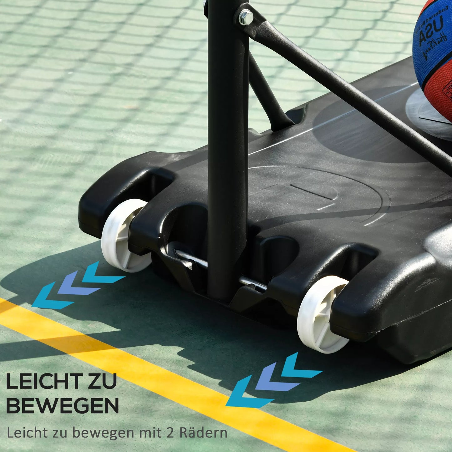 Mobilus krepšinio stovas su ratukais, 83x55cm lenta, reguliuojamas lanko aukštis nuo 156 iki 210 cm, krepšinio sistema jaunimui, skirta lauko sąlygoms.