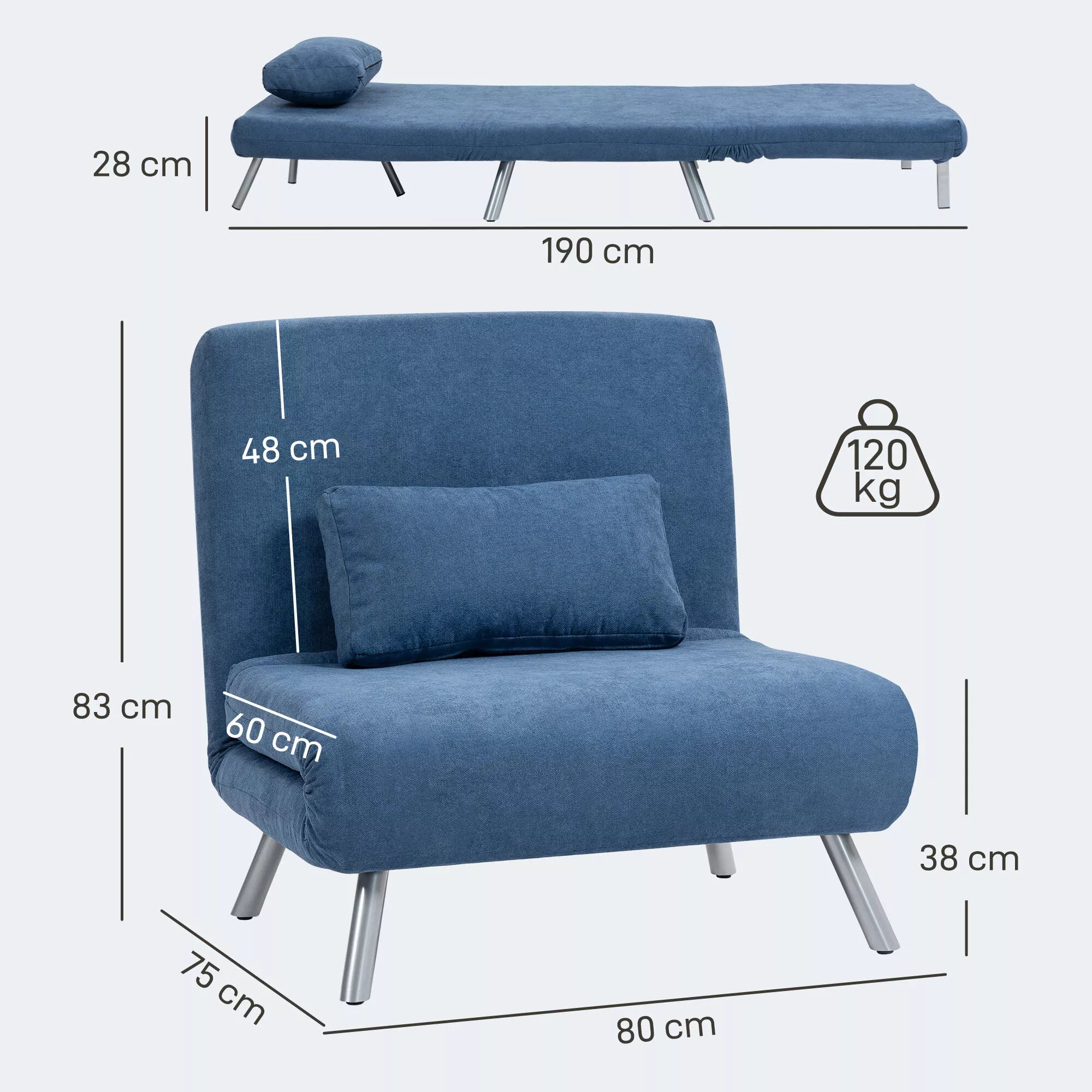 Sofa-lova su miegojimo funkcija, 3-in-1, 190 x 80 cm, mėlyna