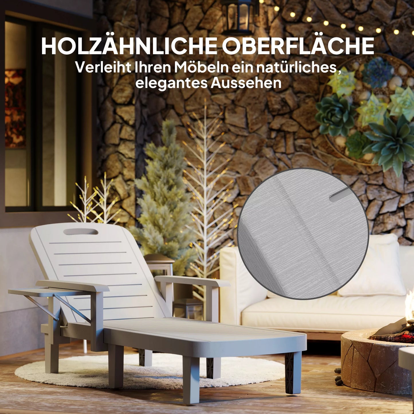 Saulės gultas Sodo gultas su šoniniu staliuku Medžio imitacijos gultas su 5 pakopų reguliuojamu atlošu Šviesiai pilkos spalvos