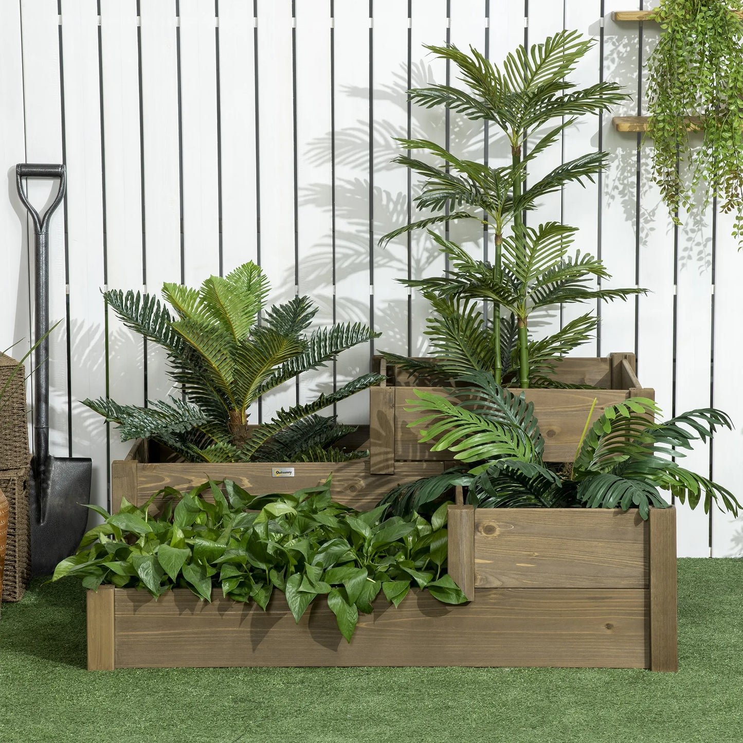 Paaukštinta lysvė, 4 sodinimo loveliai ant 3 pakopų, atsparus oro sąlygoms, medžio masyvas, 122 cm x 122 cm x 51 cm, natūralus