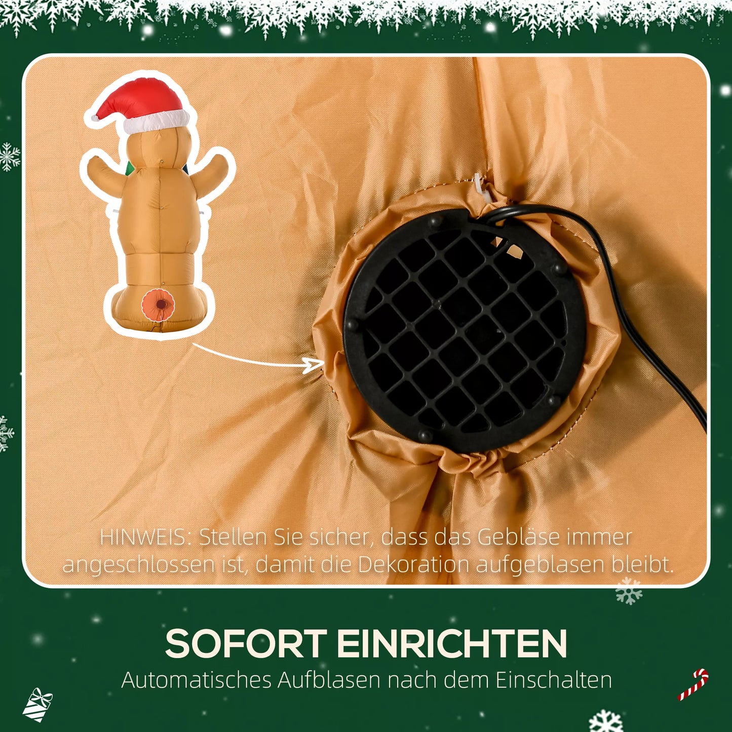 HOMCOM pripučiama Kalėdų dekoracija 1,83 m Meduolių žmogus su lėlyte, 3 LED, vidinis pūstuvas, sodo dekoracija