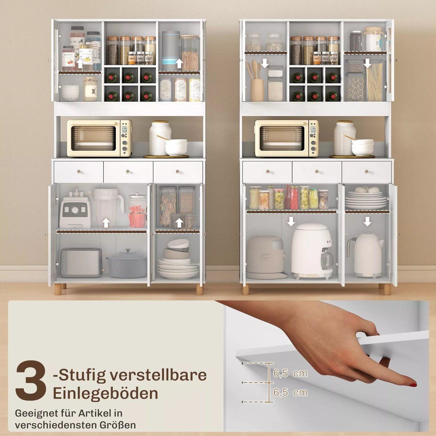 180 cm virtuvės spintelė, 2 stiklinės durys, 3 stalčiai, 4 reguliuojami lentynos, valgomojo spintelė, medžio drožlių plokštė, balta