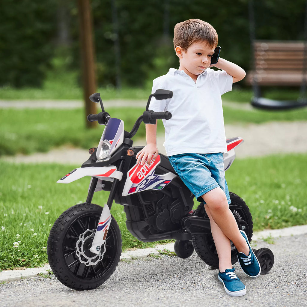 12 V vaikų motociklas su pagalbiniais ratais, LED žibintais, muzika, USB, elektrinis motociklas berniukams ir mergaitėms, baltas