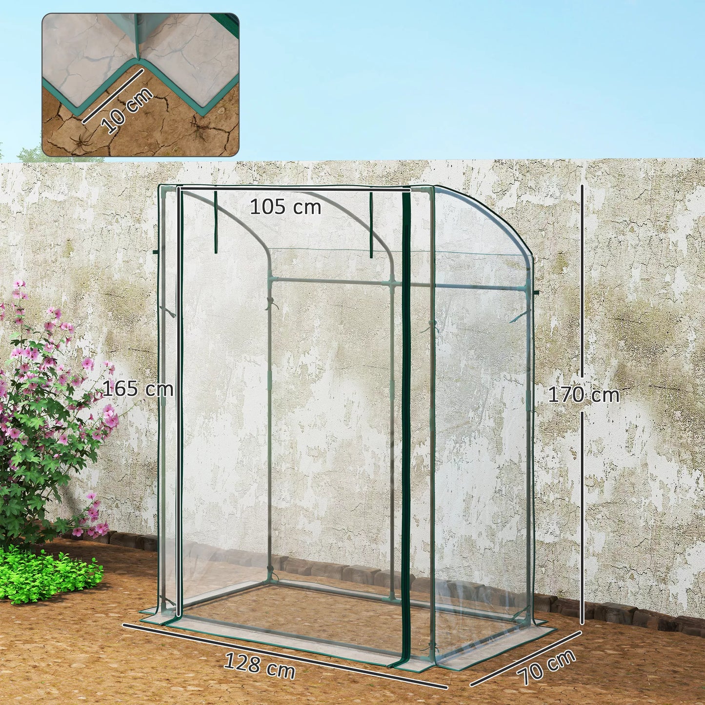 Šiltnamis su durimis, išlenktu stogu, atsparus žiemai, plėvelinis šiltnamis iš plieno, šiltnamis 128 x 70 x 170 cm, skaidrus