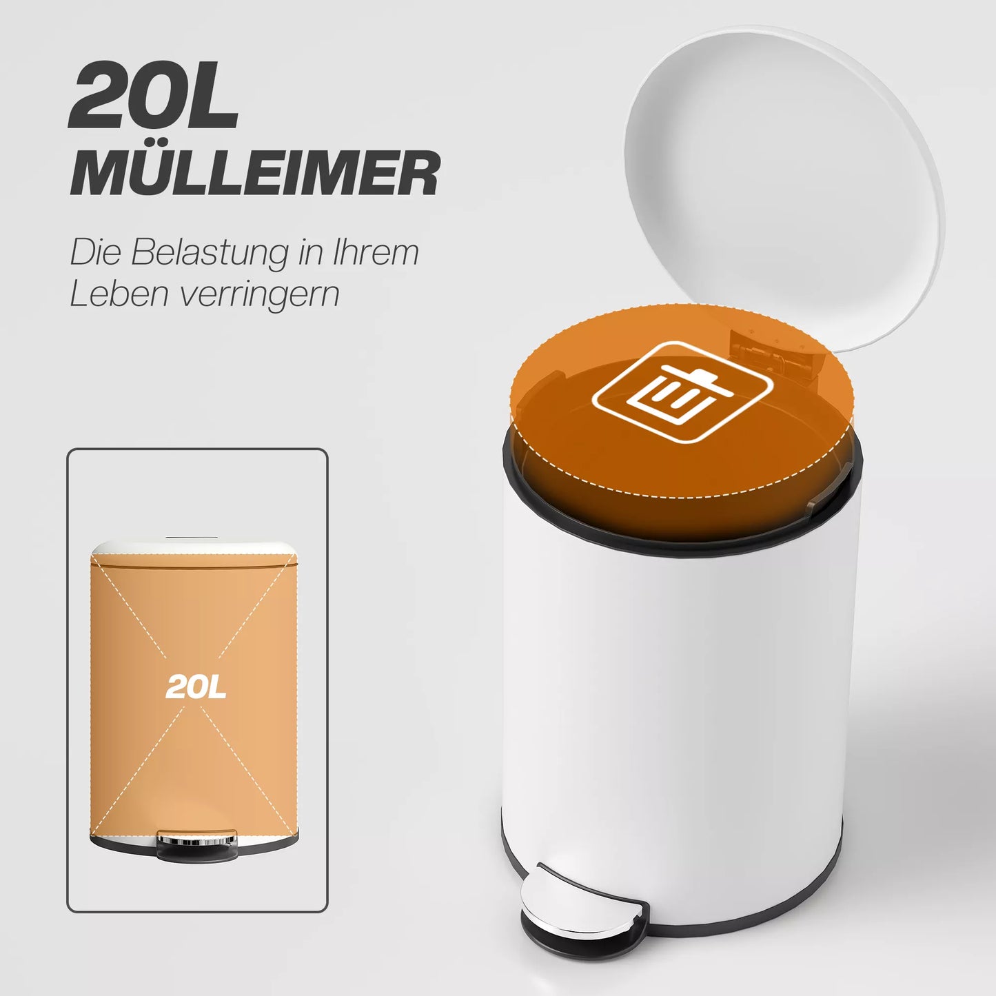 Šiukšliadėžė 20 L, su pedalu, vidiniu kibiru, atsparus pirštų atspaudams, tylus uždarymas, kreminės baltos spalvos