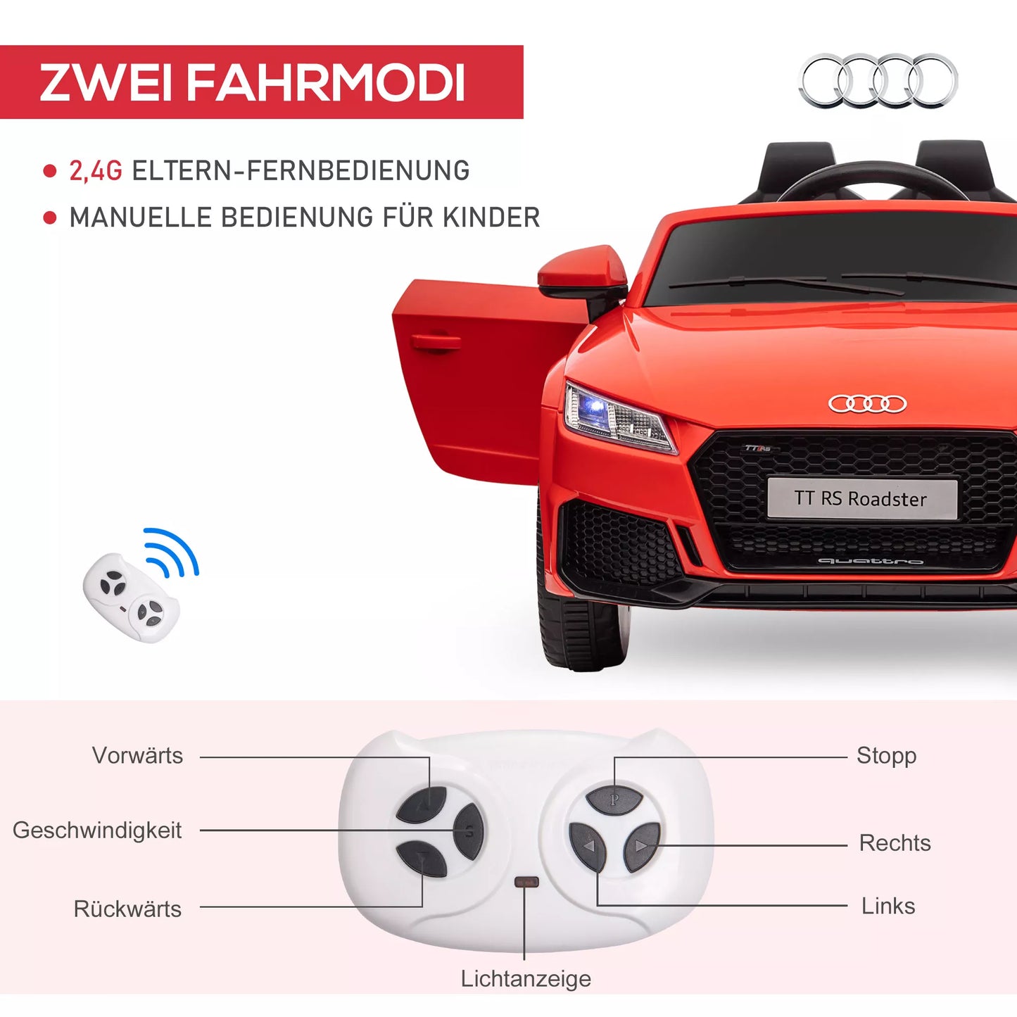 Audi vaikiškas elektrinis automobilis 12V su 2,4G nuotolinio valdymo pultu, muzika, garso signalu, LED šviesa, USB/MP3 jungtimi, atbulinės eigos funkcija, vaikams 3-5 metams, raudonas