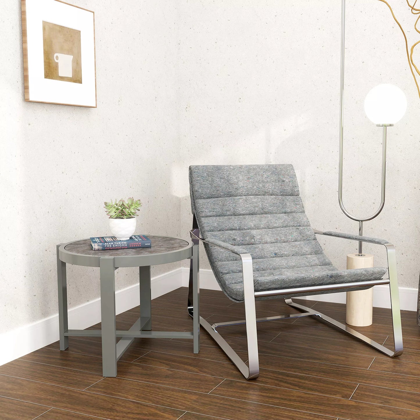 Apvalus lauko staliukas, atsparus oro sąlygoms, aliumininis balkono staliukas su pilka marmuro išvaizda