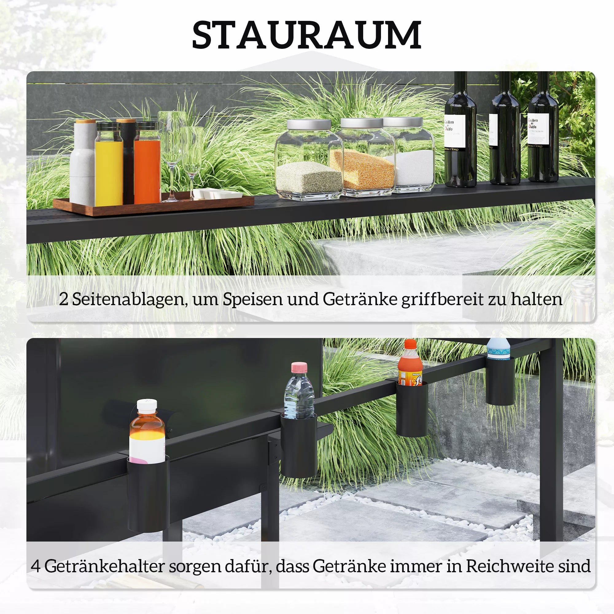 Grillpavillon 250 x 160 x 250 cm vandeniui atsparus sodo paviljonas su dvigubu stogu, šoninėmis lentynomis Juodas