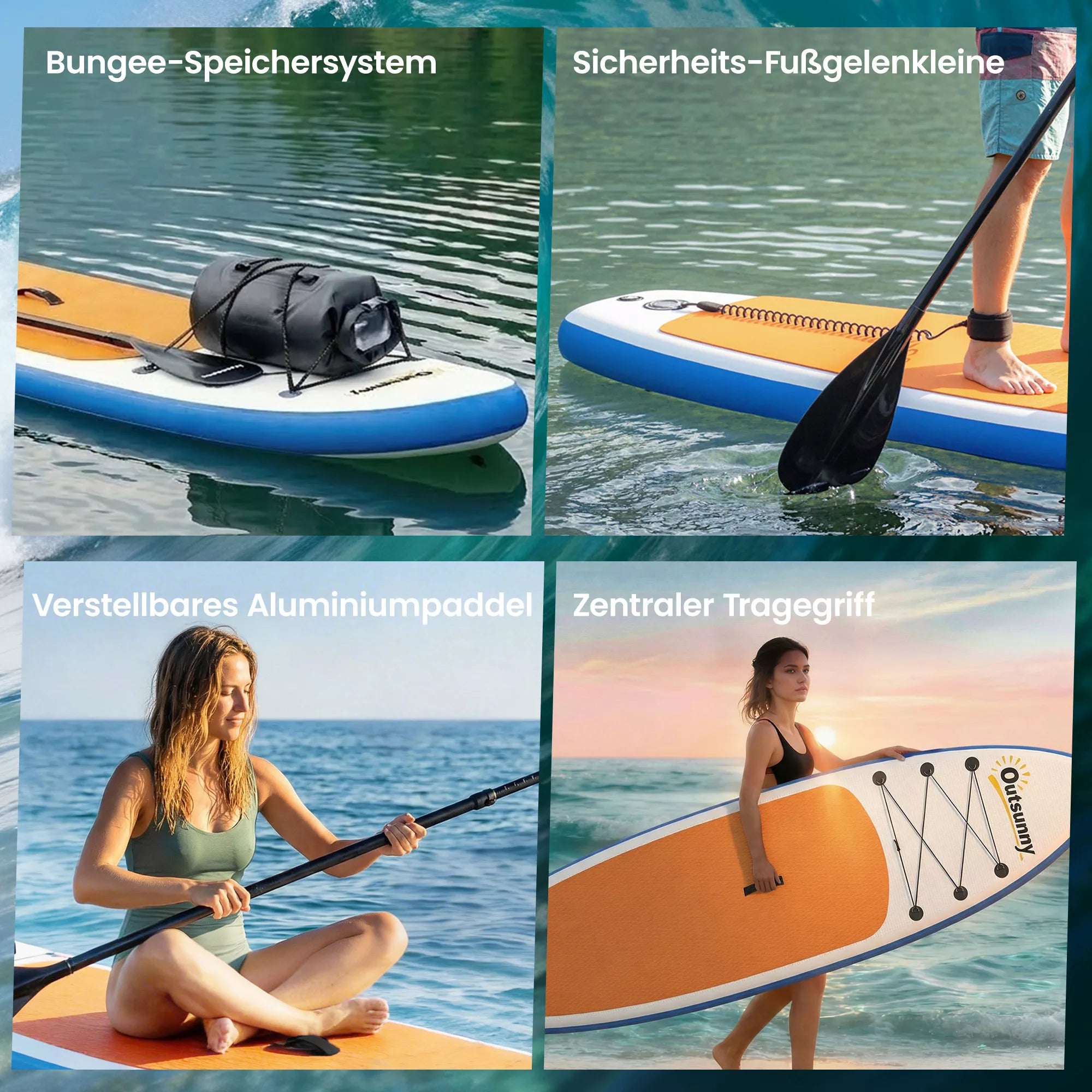 Stand Up Paddling lentos rinkinys: pripučiama 305 cm SUP lenta su aliumininiu irkleliu, nuimamu peleku ir kojų diržais