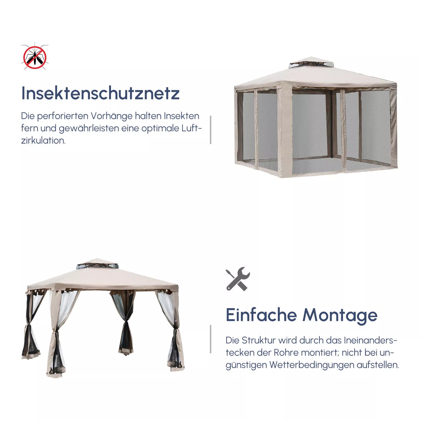 Sodo paviljonas / Palapinė vakarėliams su 4 šoninėmis sienelėmis, atsparus oro sąlygoms, metalas + poliesteris, pilka, 2,94 x 2,94 x 2,65 m