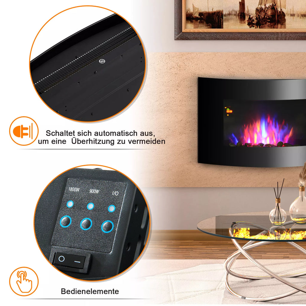 HOMCOM Elektrinis židinys su šildymu, elektrinis židinys su 3D liepsnos efektu, 7 liepsnos spalvos, 900/1800 W, sieninis židinys su laikmačiu, dekoratyvinis židinys su nuotolinio valdymo pultu, juodas, 65 cm