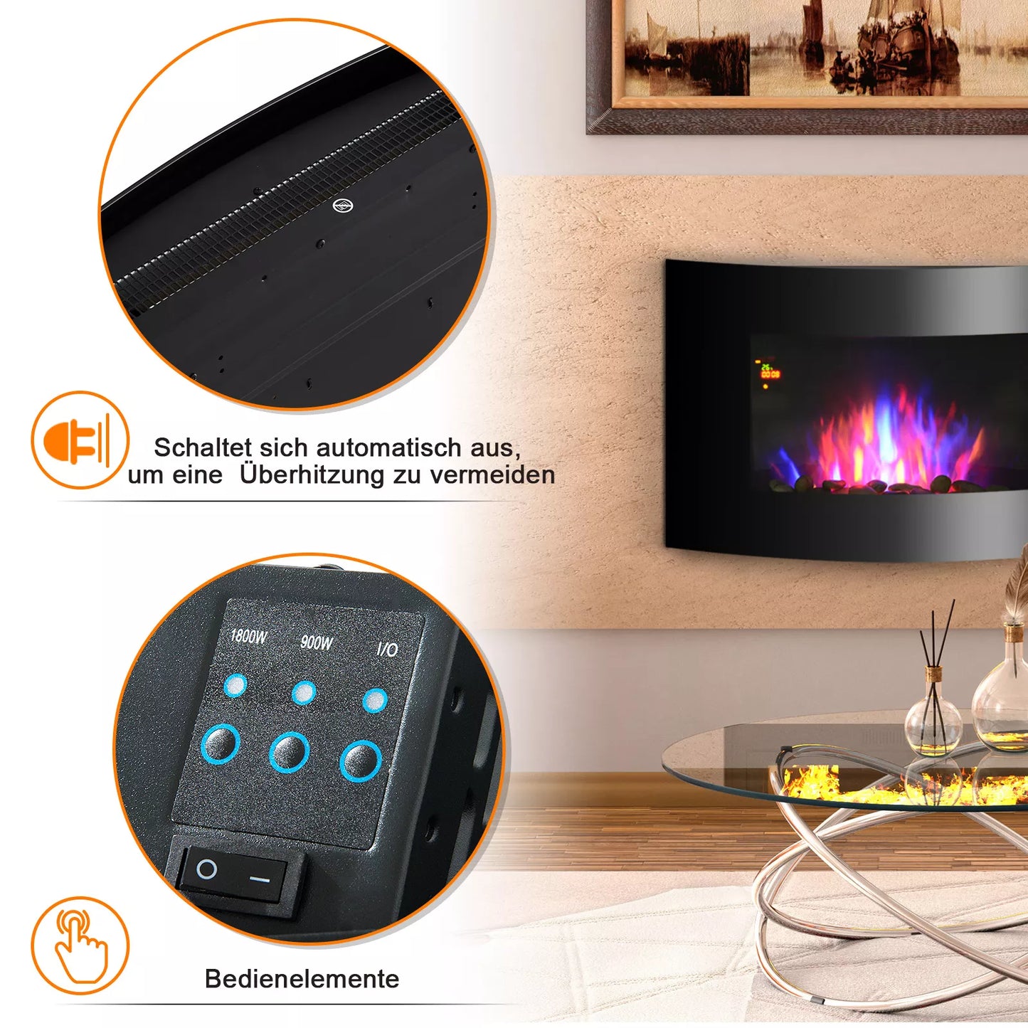 HOMCOM Elektrinis židinys su šildymu, elektrinis židinys su 3D liepsnos efektu, 7 liepsnos spalvos, 900/1800 W, sieninis židinys su laikmačiu, dekoratyvinis židinys su nuotolinio valdymo pultu, juodas, 65 cm