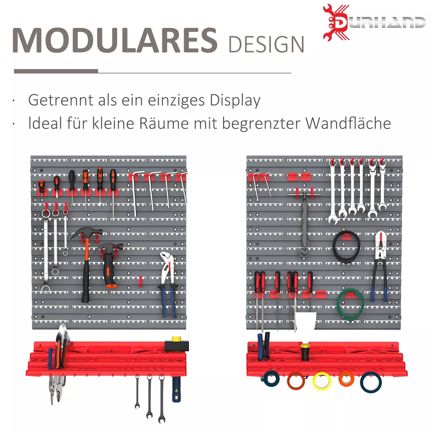 54 vnt. įrankių laikymo sienelė, sieninė lentyna, perforuota sienelė įrankiams, dirbtuvėms, atviri laikymo dėklai, kabliukų rinkinys, PP, pilka+raudona, 95,5 x 23 x 53,5 cm