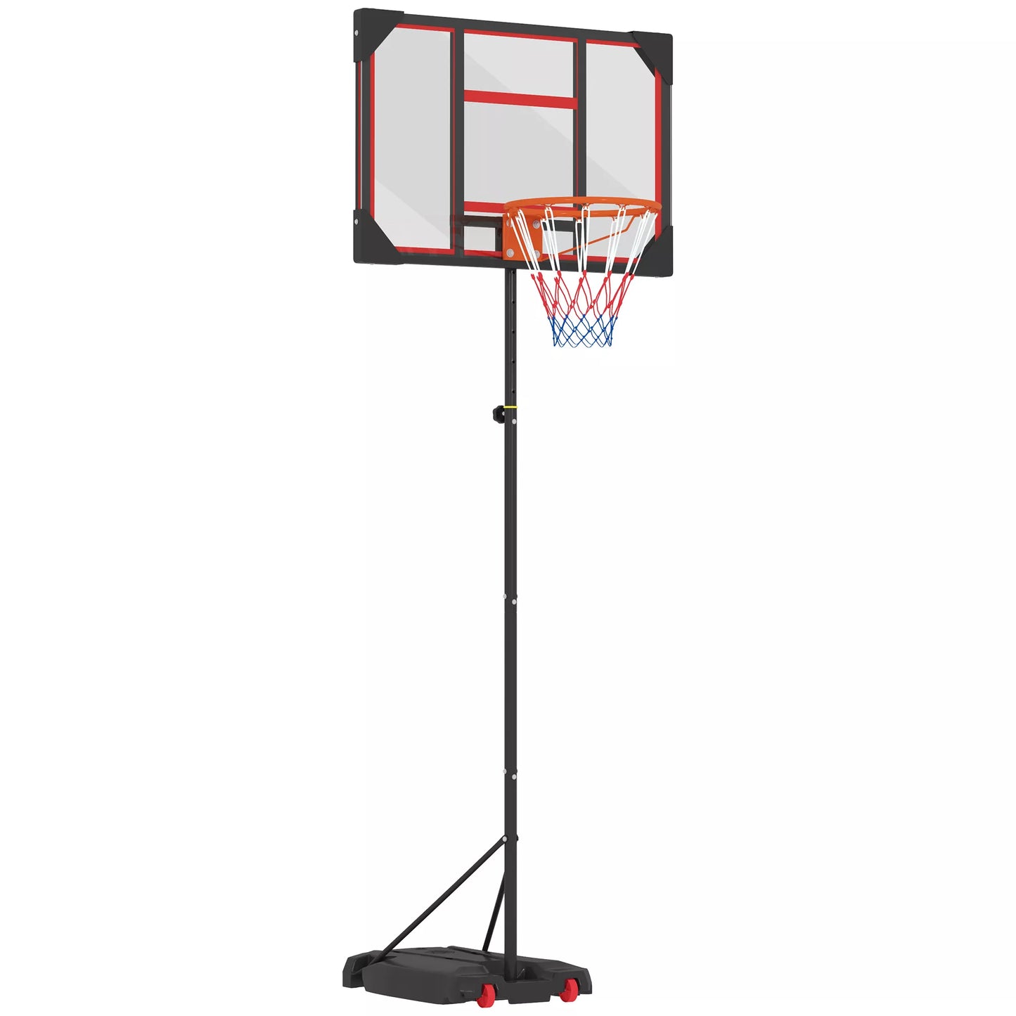 Reguliuojamo aukščio (210-260 cm) lauko krepšinio stovas vaikams, su ratukais, nuo 6 metų, raudonas