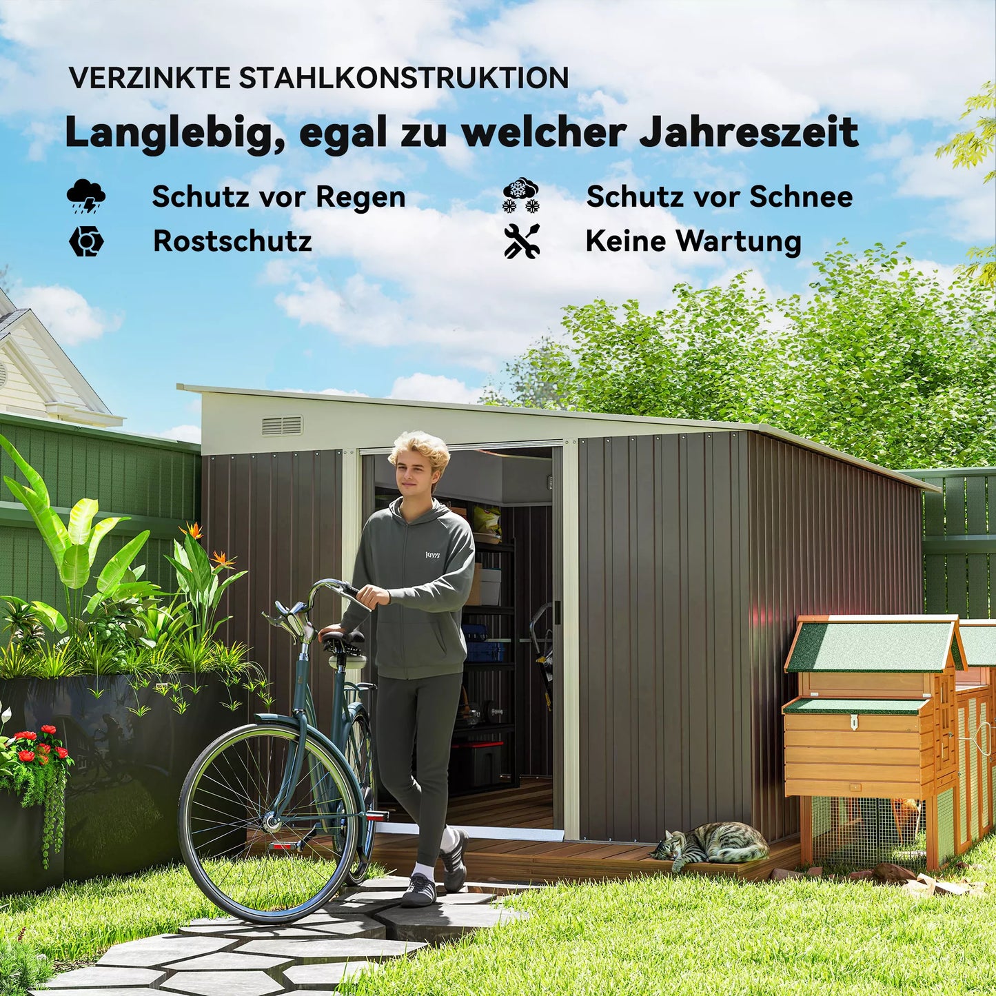 Metalo sodo namelis su šlaitiniu stogu ir užrakinamomis dvigubomis durimis, 2,8 x 3,45 x 2,01m, pilkas