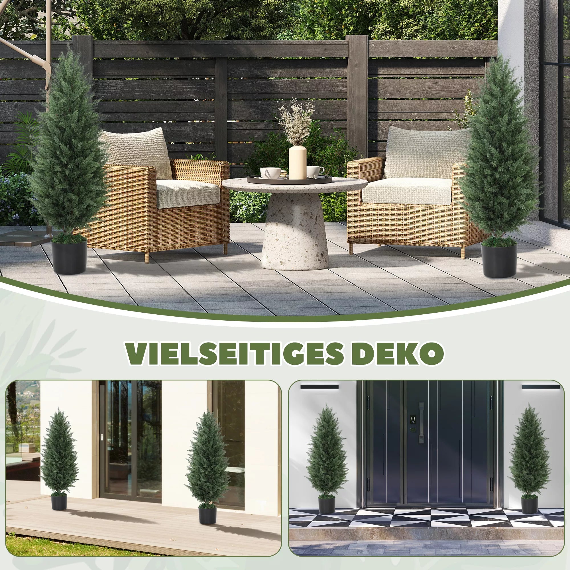 2 vnt. dirbtinių kiparisų rinkinys, dirbtiniai medžiai su 831 lapais, su cementiniu vazonu, atsparūs UV spinduliams, dirbtiniai augalai, 90 cm, žali