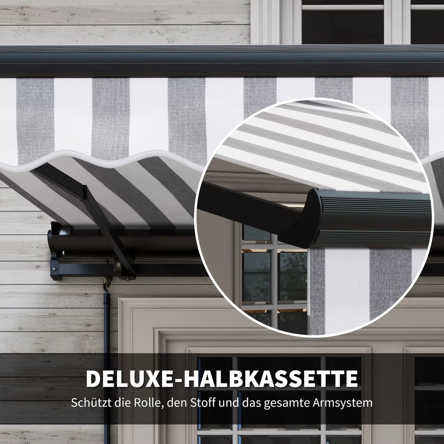 Terasa markizė, atspari oro sąlygoms, su 1 rankiniu mechanizmu, 350 x 250 x 150 cm, Pilka + Balta