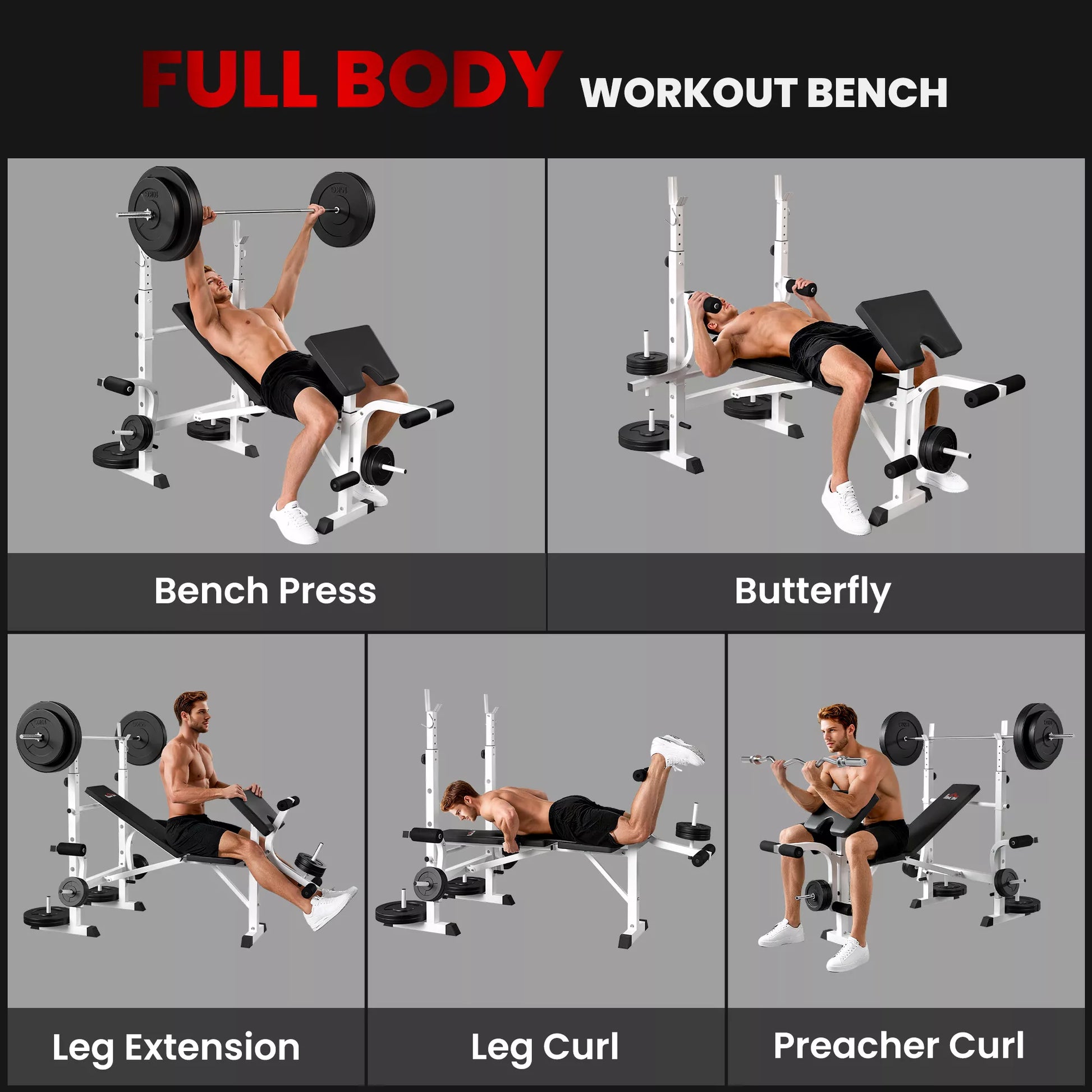 Hantelų suoliukas su hantelių laikikliu, krūtinės presas, kojų presas, atrama rankoms bicepsų lenkimui, plienas, juoda+balta