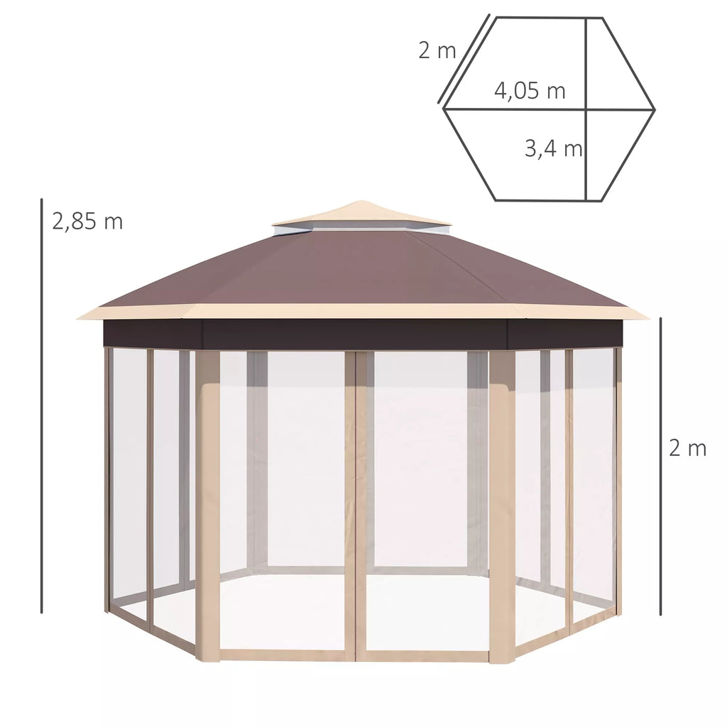 Paviljonas 4x4 m, vandeniui atsparus, iššokantis šešiakampis sulankstomas paviljonas, dvigubas stogas, sodo paviljonas su 6 šoniniais elementais, vakarėlių palapinė su nešimo maišeliu, skirtas sodui, terasai, festivaliui, smėlio spalvos + chaki