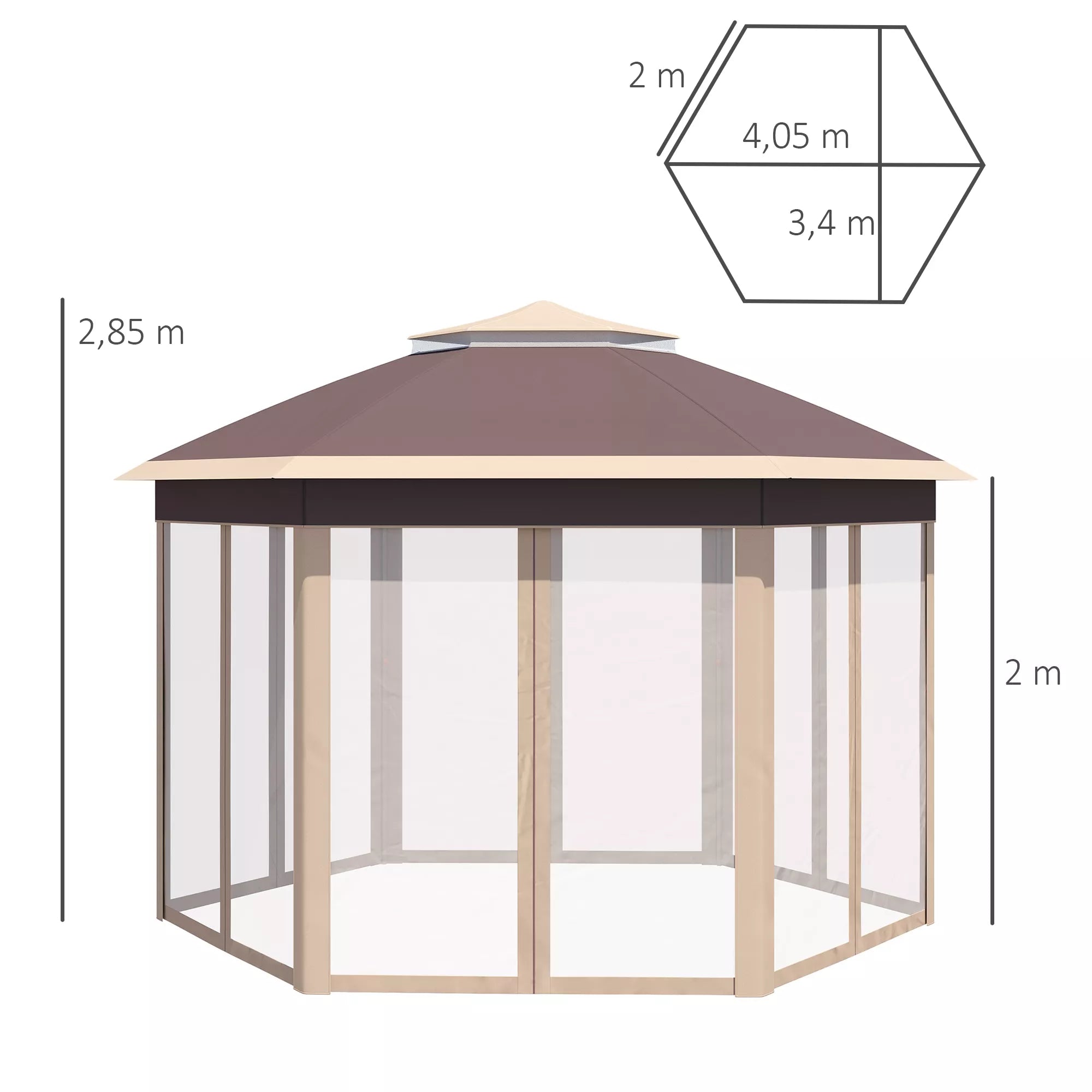 Paviljonas 4x4 m, vandeniui atsparus, iššokantis šešiakampis sulankstomas paviljonas, dvigubas stogas, sodo paviljonas su 6 šoniniais elementais, vakarėlių palapinė su nešimo maišeliu, skirtas sodui, terasai, festivaliui, smėlio spalvos + chaki